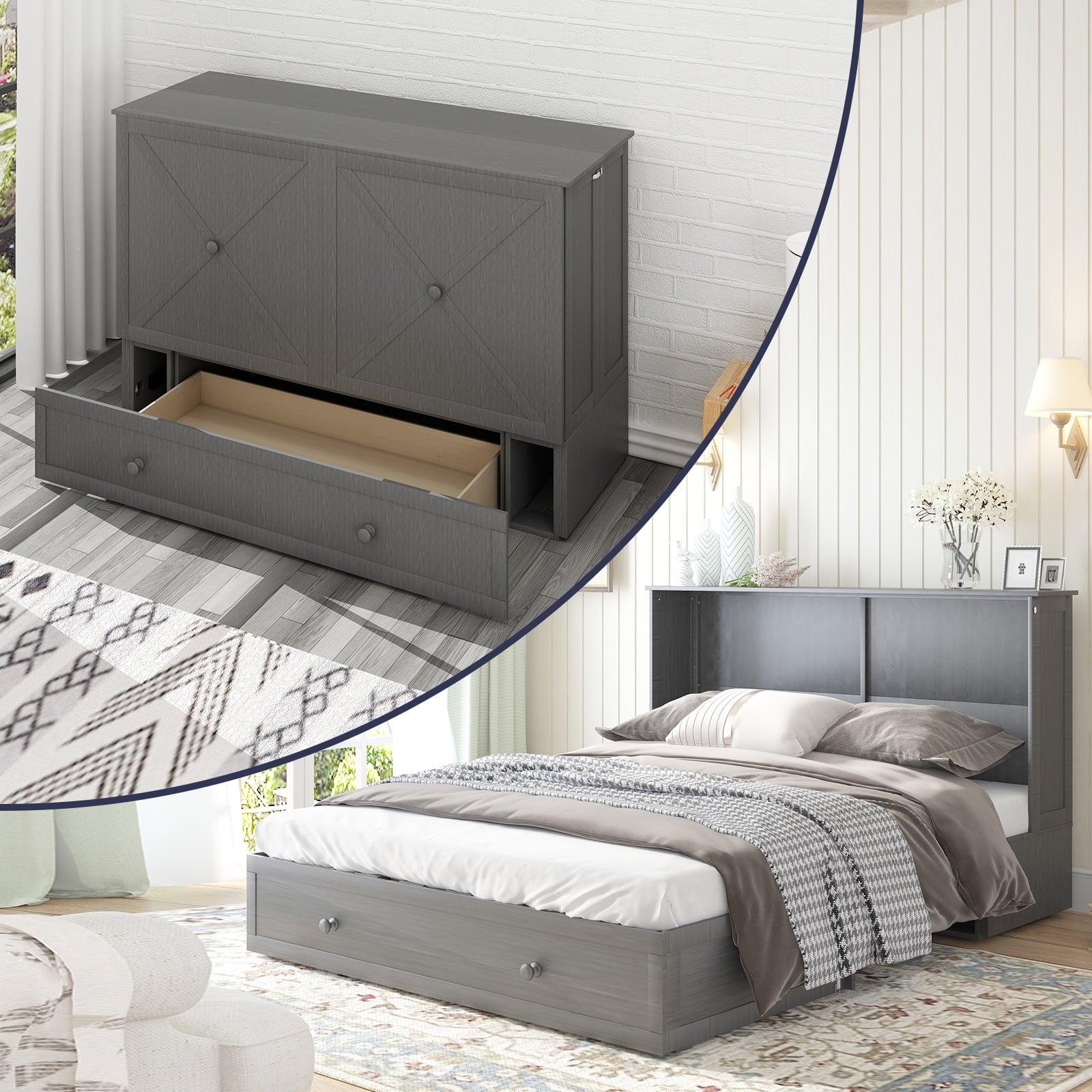 Mixoy Murphy Bed with Charging Station, Cube Cabinet Chest Bed with Mattress Grey - Queen