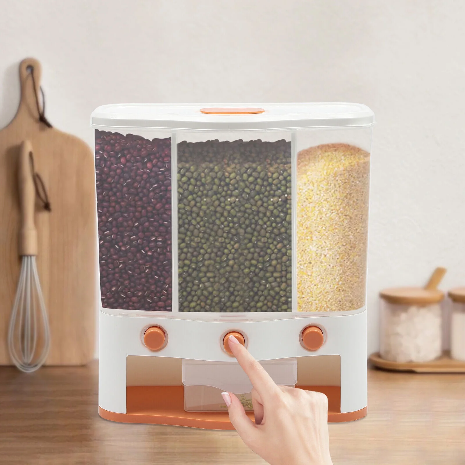 Miumaeov Cereal Dispenser Container 3 Grid Rice Storage Dispenser Container Countertop/Wall Mount PP PET Grain Dispenser for Bean Rice 13.23lbs