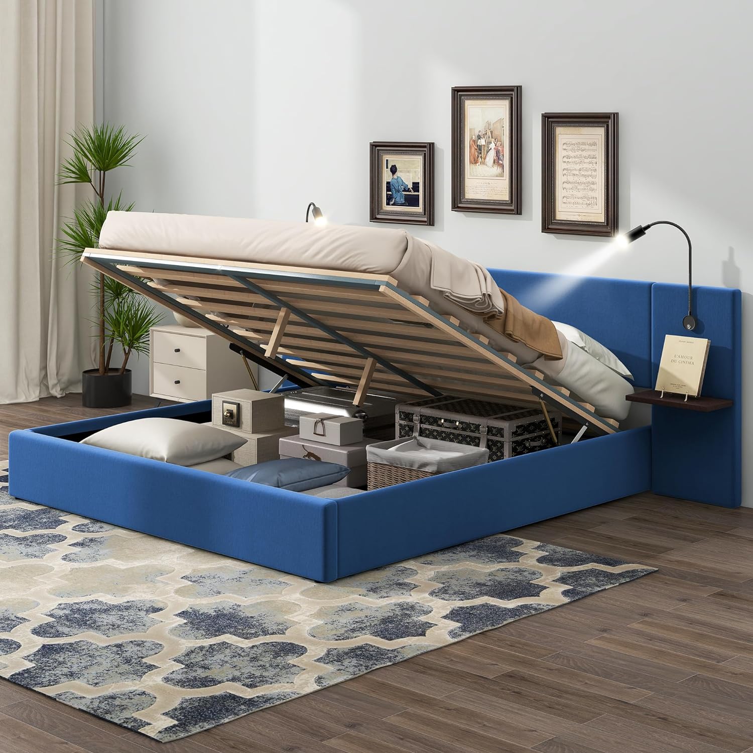 Quee Lift Up Storage Bed With 2 Light Ad USB Ports, Upholstered Platform Bed With Headboard Ad Storage Shelves, Hydraulic Storage System, Slats Support, o Box Sprig eeded, Blue