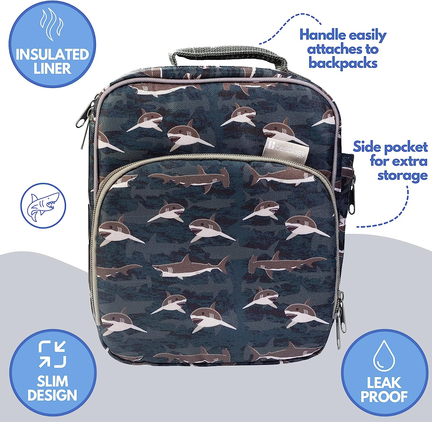 Bentology Kids Lunch Bag Set (Shark)- Includes Padded, Insulated Tote,Reusable Hard Ice Pack & Insulated Stainless Steel Water Bottle