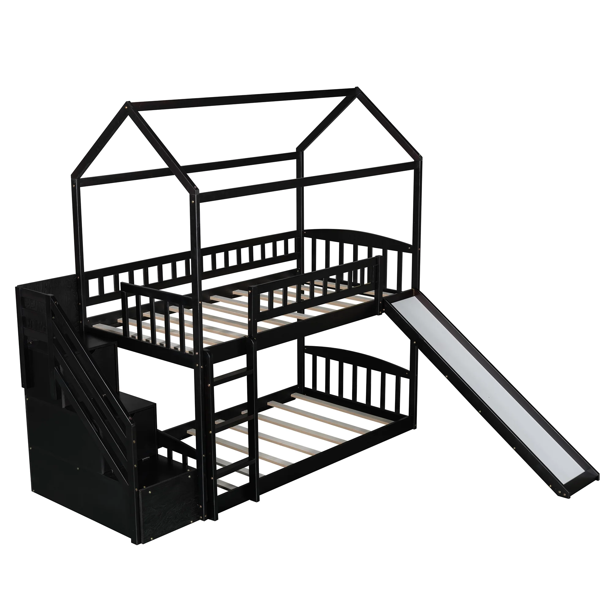 Espresso Twin Over Twin House Bunk Bed with Two Drawers and Slide