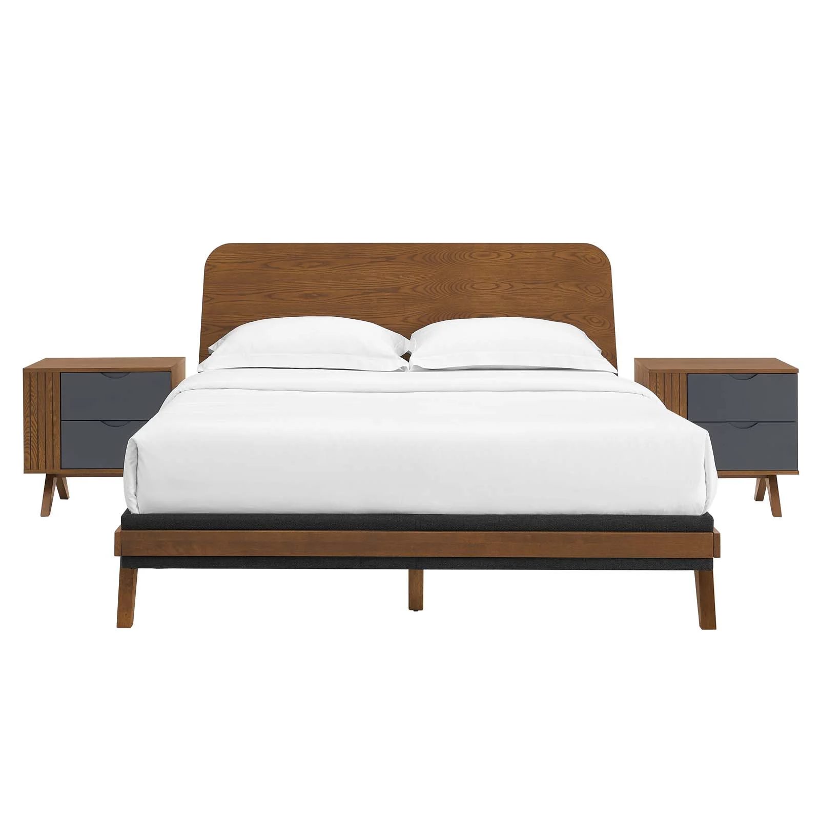 Platform Bed Nightstand Set, Queen Size, Walnut, Wood, Modern Contemporary, Mid Century Bedroom Master Guest Suite Room