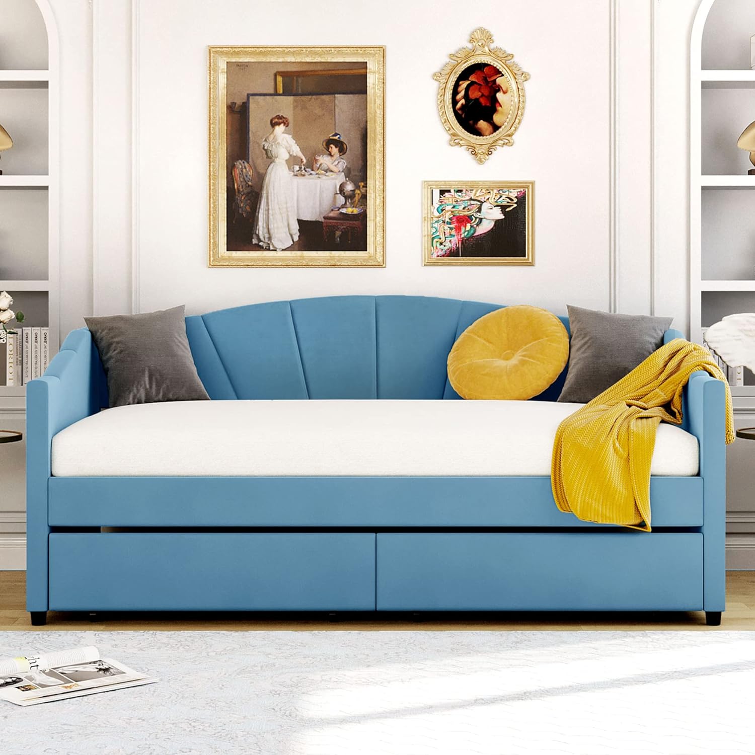Upholstered Daybed With Storage Drawers,Wooden Daybed With 2 Drawers Underneath, Tufted Sofa Bed Daybed With Wood Slat Support For Bedroom,Living Room (,Blue)
