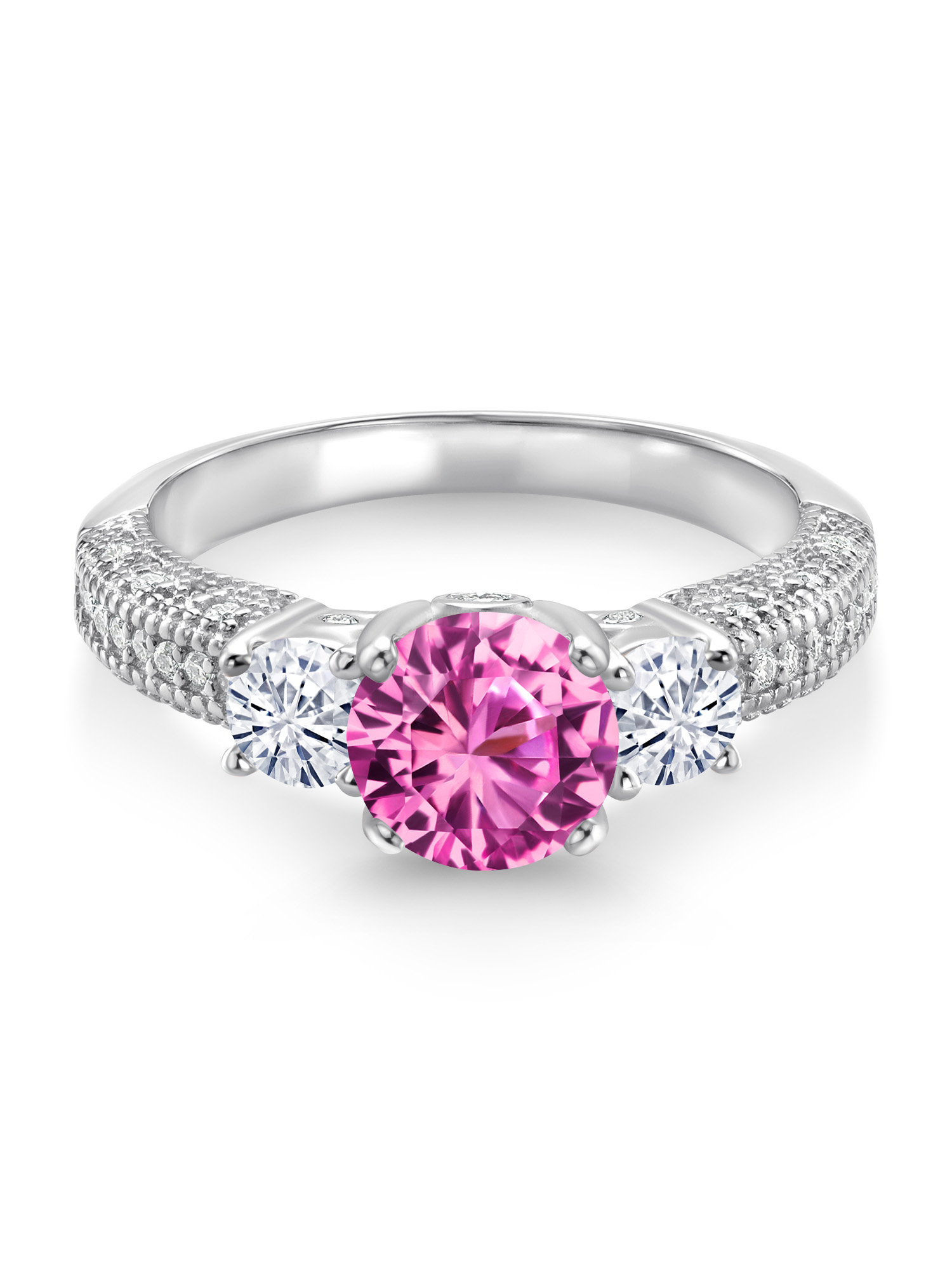 Gem Stone King 925 Sterling Silver Pink Created Sapphire and White Moissanite Engagement Ring For Women (2.20 Cttw, Gemstone September Birthstone, Round 7MM and 4MM)