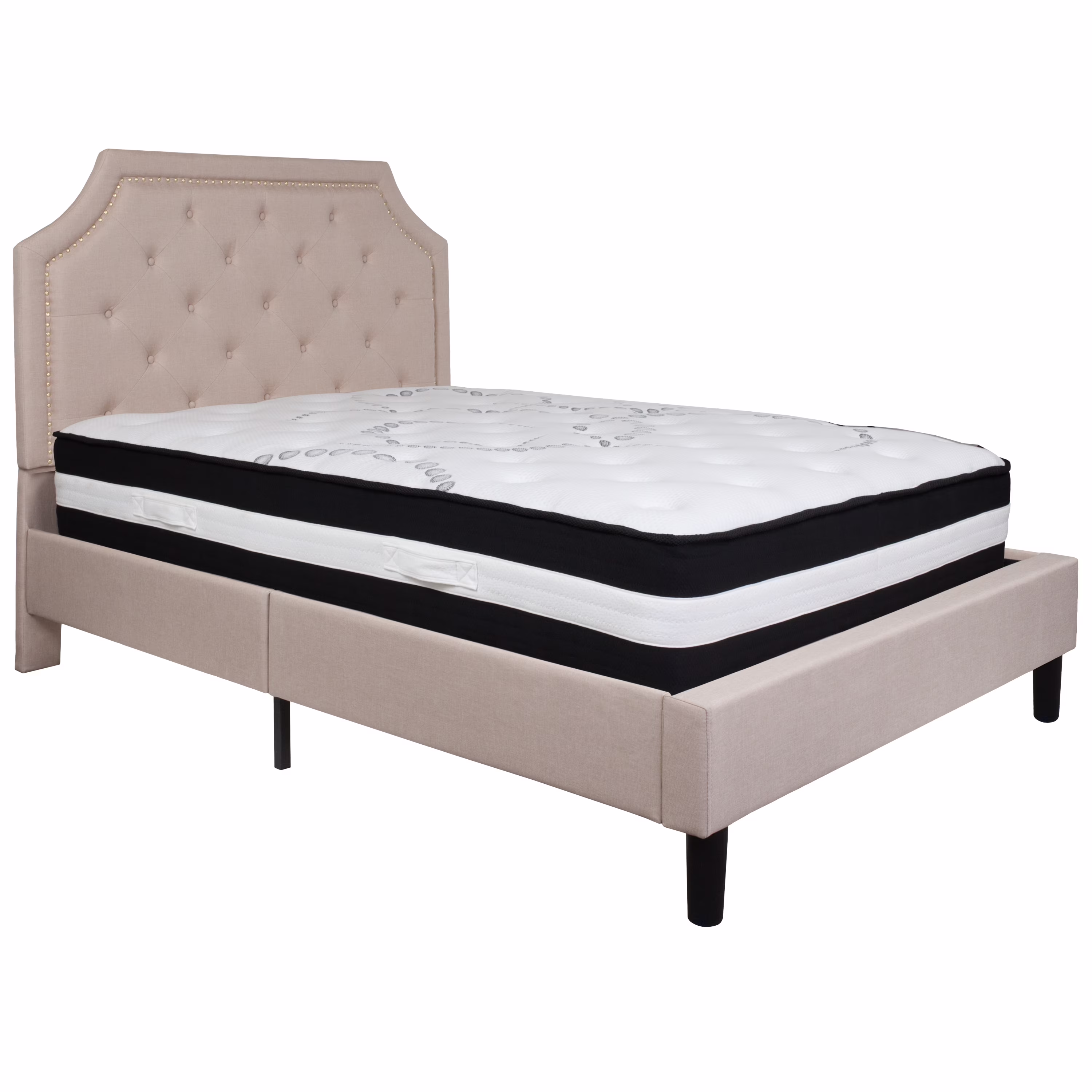 Flash Furniture Brighton Full Size Tufted Upholstered Platform Bed in Beige Fabric with Pocket Spring Mattress