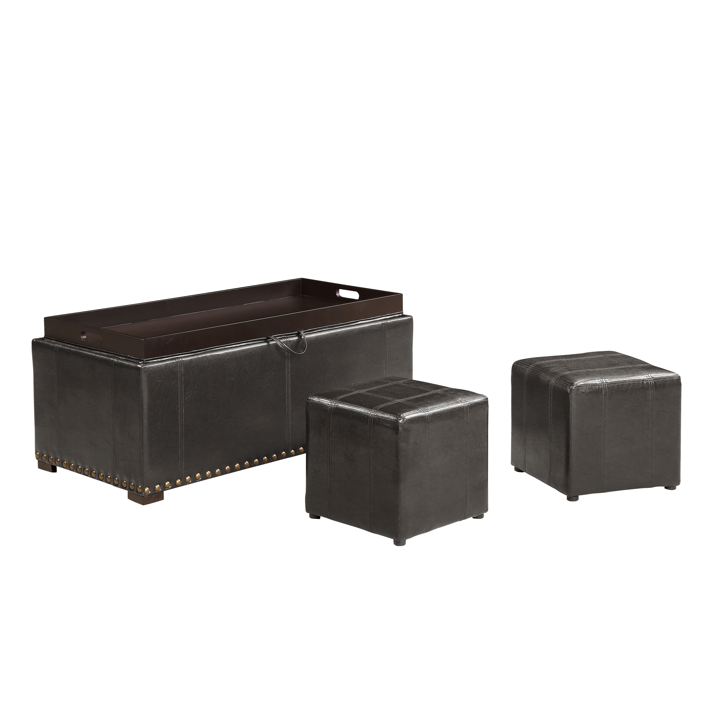 Leather Storage Bench with 2 Side Ottomans, Black
