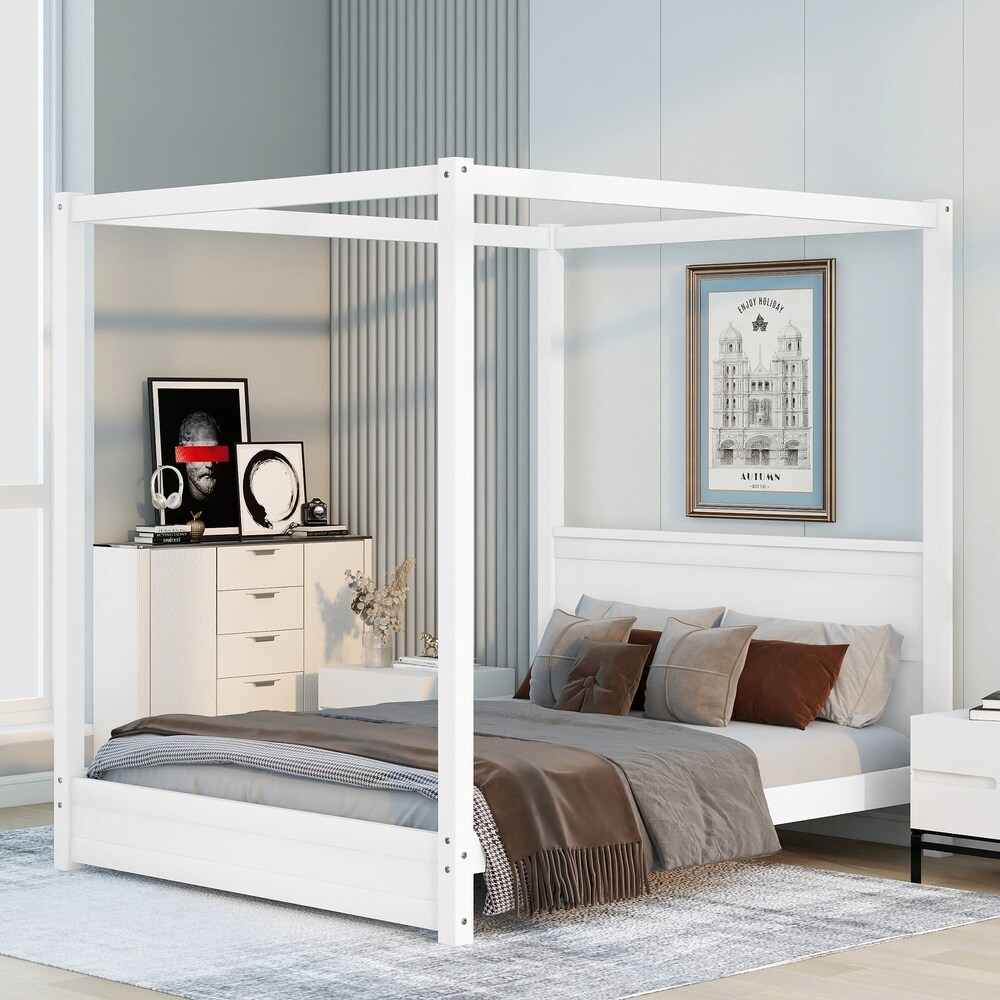 Canopy Platform Bed with Headboard and Support Legs White Queen