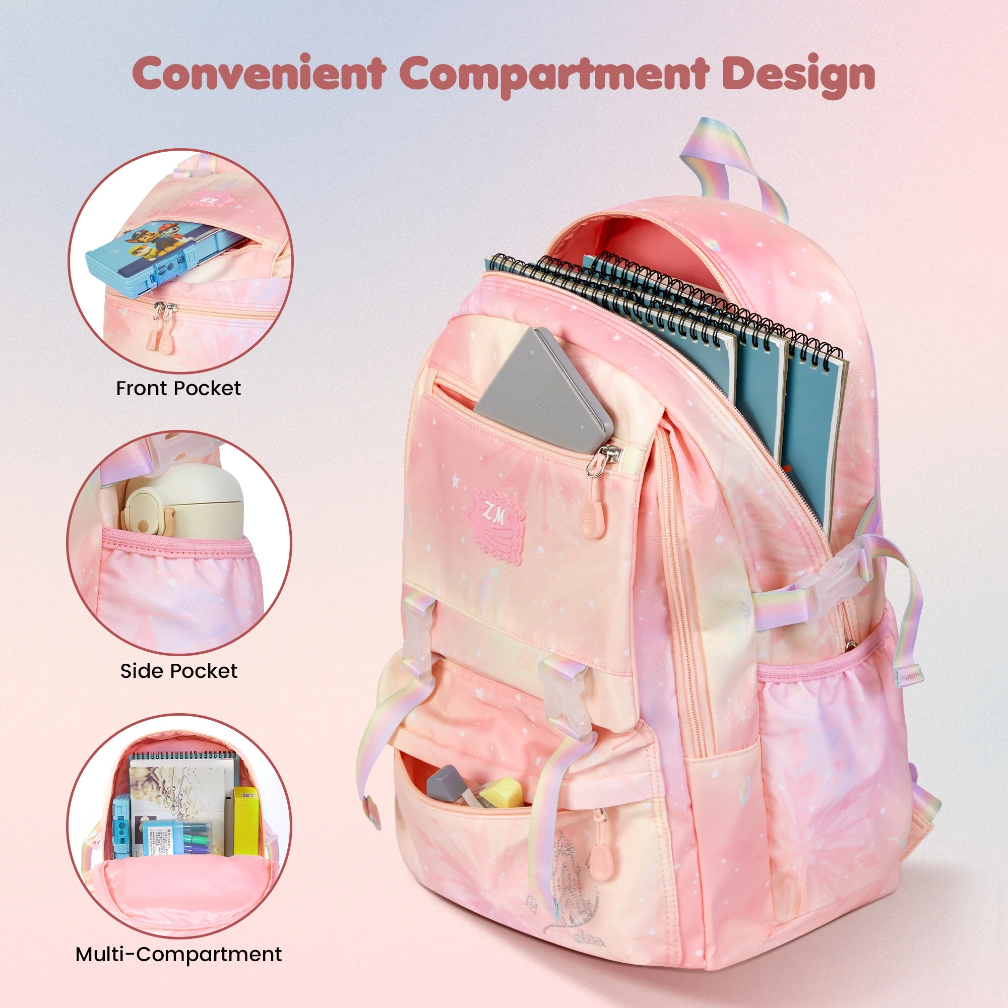 Vbiger School Backpack for Girls Cute Pink Shoulder Bag Bookbag Nylon Backpacks for Teens and Students