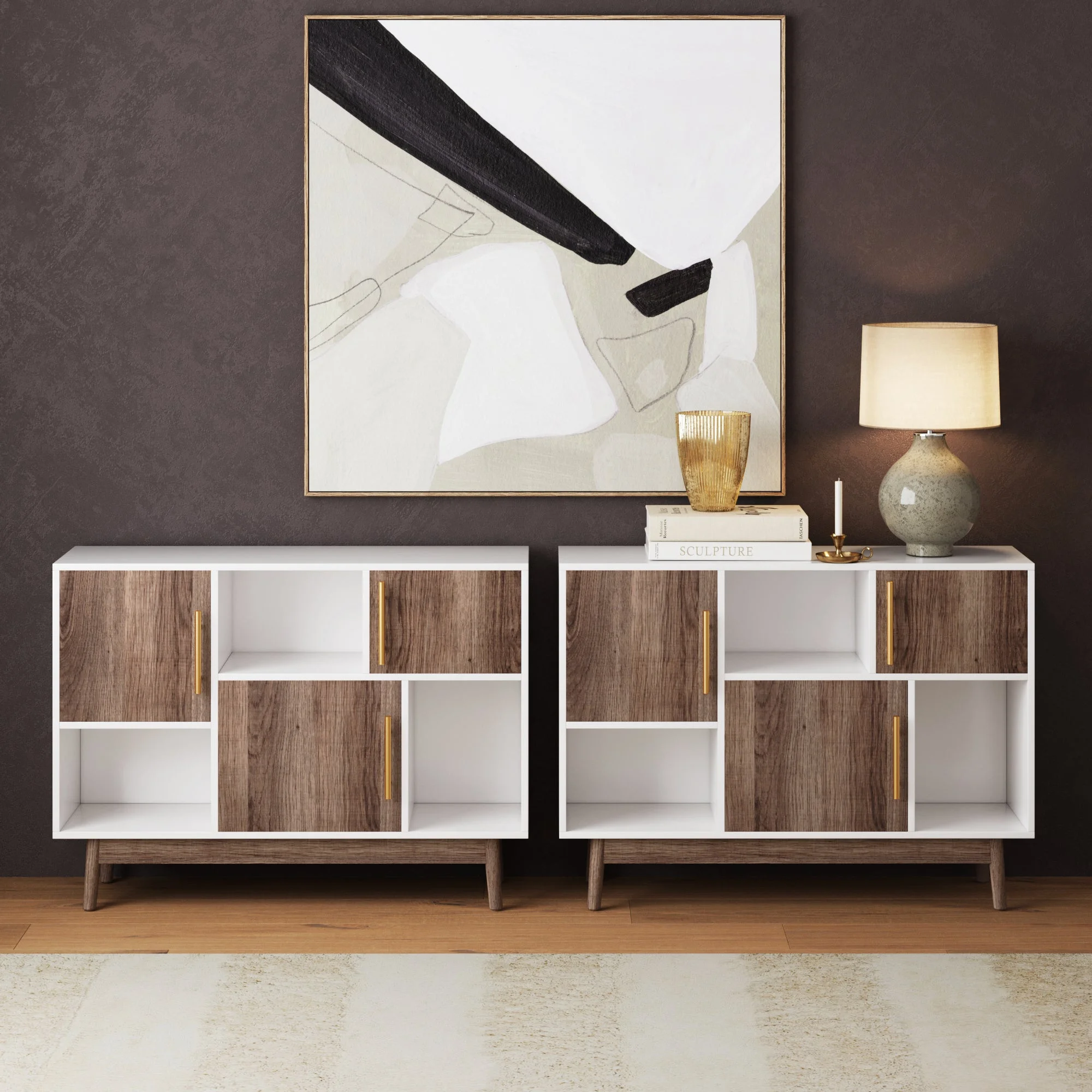 Nathan James Ellipse Ellipse White Cube Storage with Display Shelves and Brown Cabinet Doors Set of 2