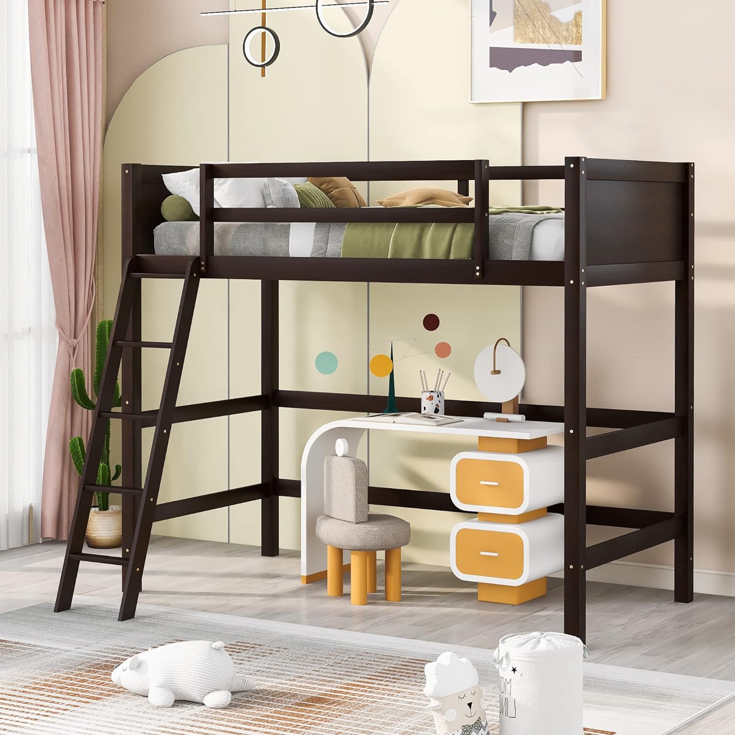Loft Bed,Wooden Loft Bed With Angled Ladder For Kids,Teens, Espresso