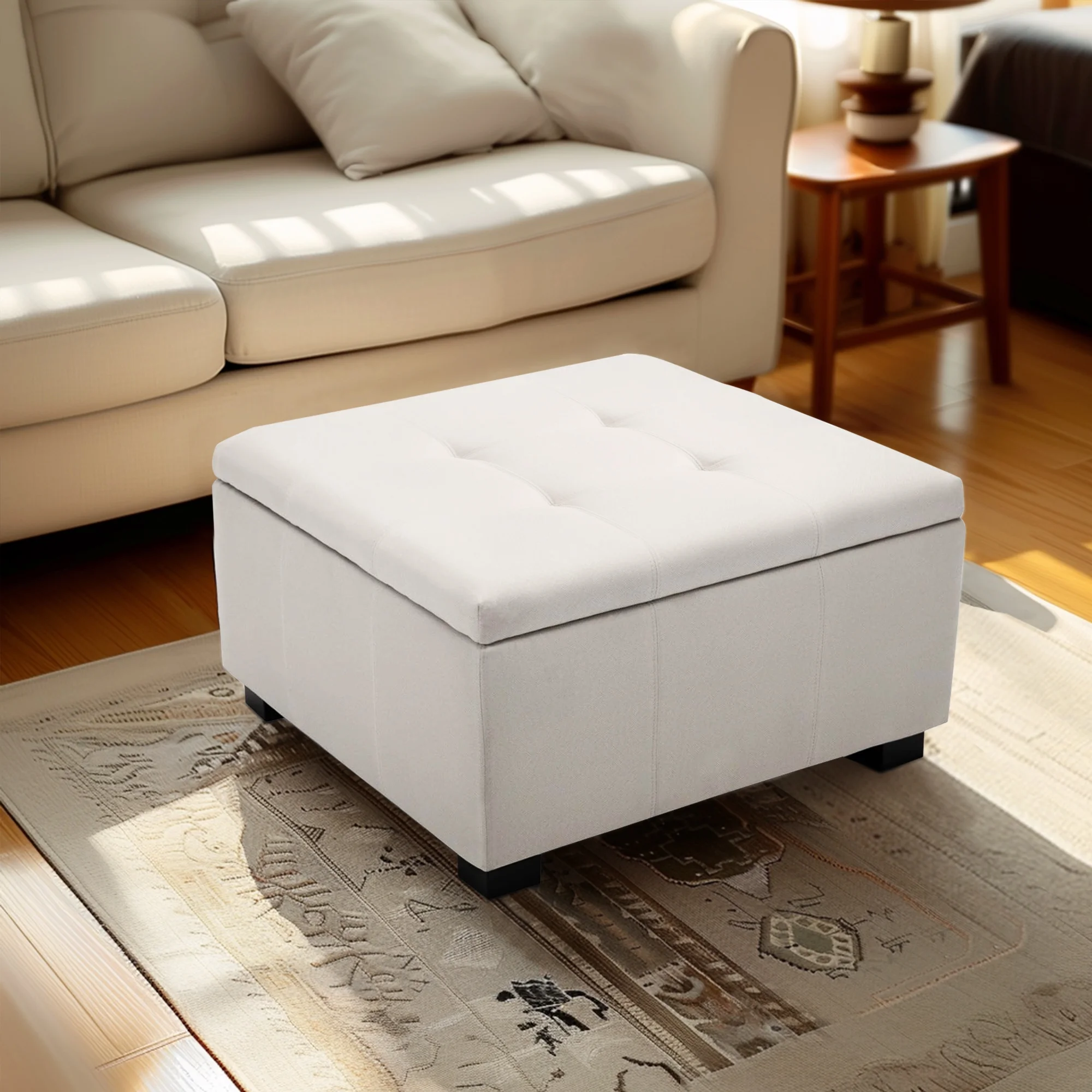 BELLEZE Vintage Style Storage Tufted Ottoman Foot Bench Squared Indoor Bedroom Living Room, White