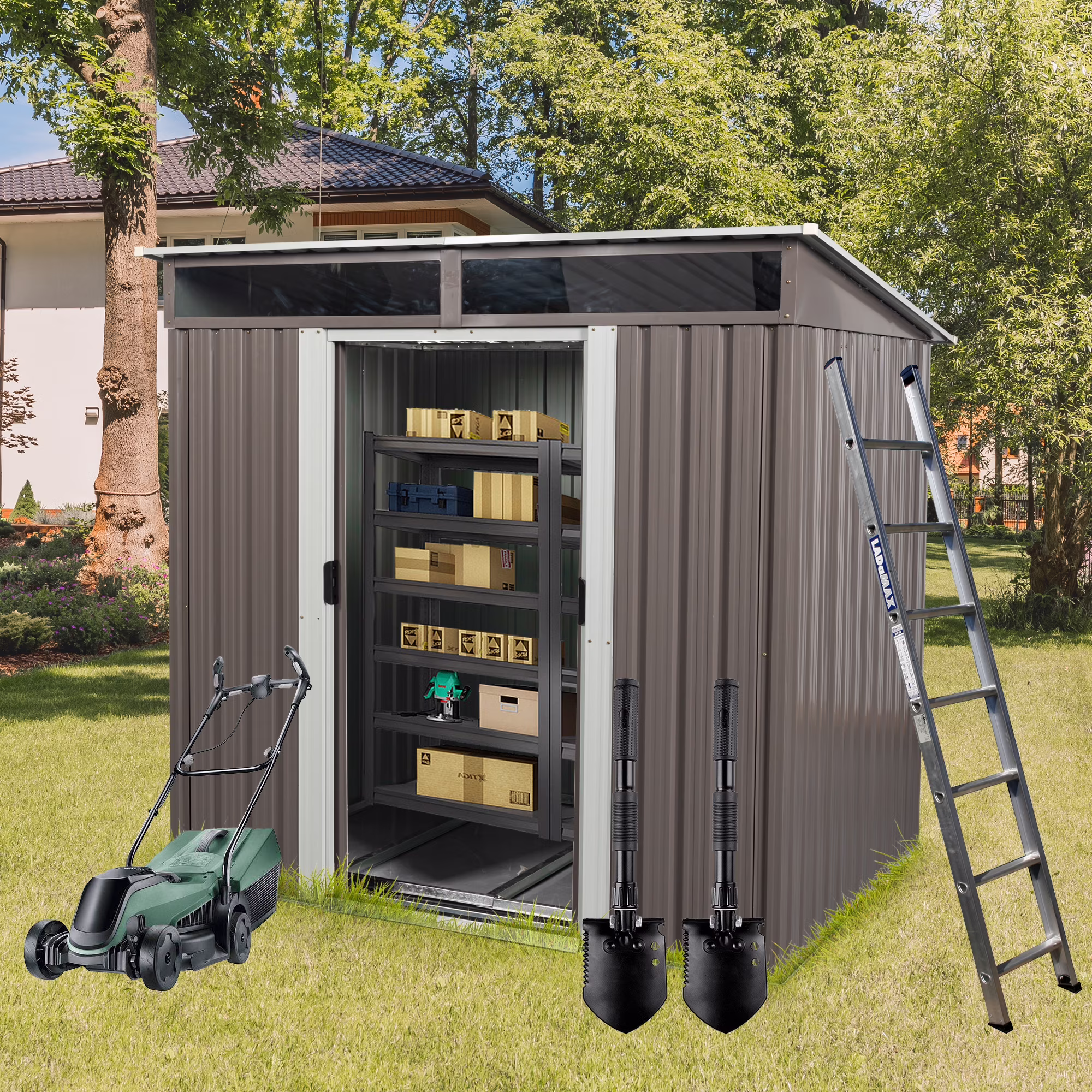 Royard Oaktree 6 X 4.5 Ft Outdoor Storage Shed Metal Garden Shed with Transparent Panels and Metal Foundation Waterproof Patio Tools Shed with Sliding Doors and Padlock for Backyard Lawn, Gray