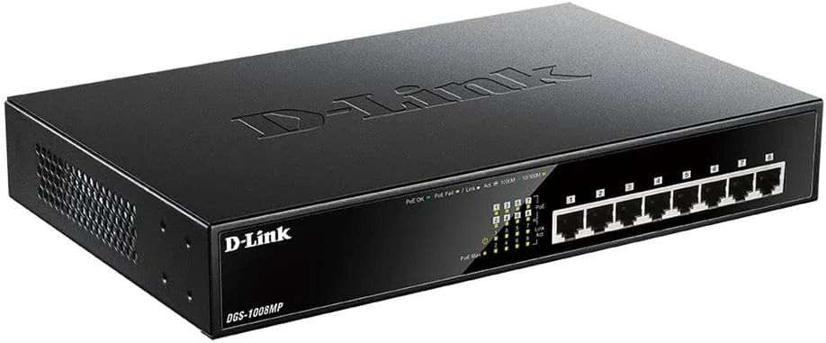 D-Link 8-Ports Gigabit Unmanaged Desktop Rack Mountable Switch with 8 PoE Ports - Fanless Design 125 Watt PoE Budget (DGS-1008MP)