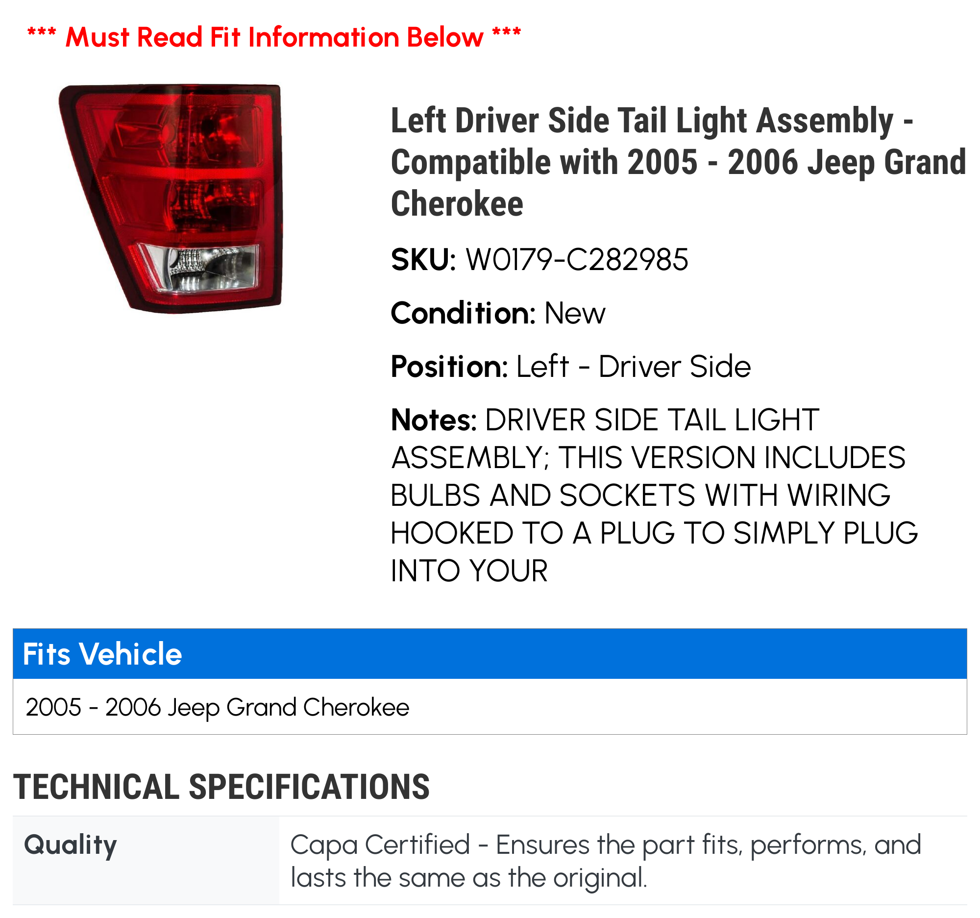 Left Driver Side Tail Light Assembly - Compatible with 2005 - 2006 Jeep Grand Cherokee