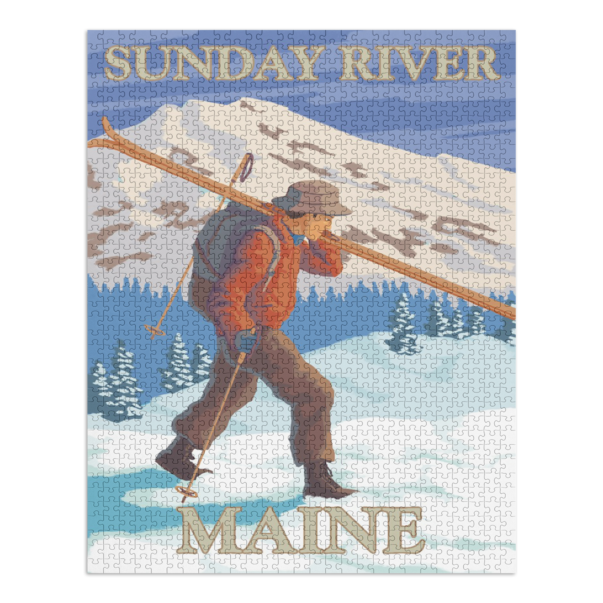 Sunday River, Maine, Skier Carrying Skis (1000 Piece Puzzle, Size 19x27, Challenging Jigsaw Puzzle for Adults and Family, Made in USA)