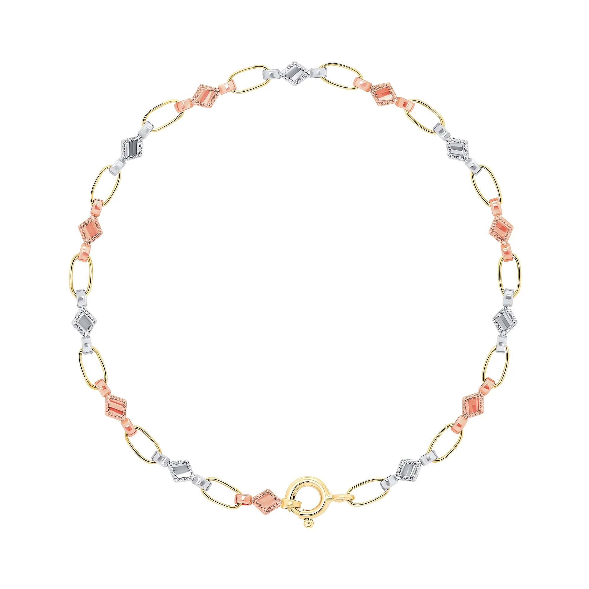 10K Gold Tri-Color Diamond-Shaped Chain Bracelet, 5.5