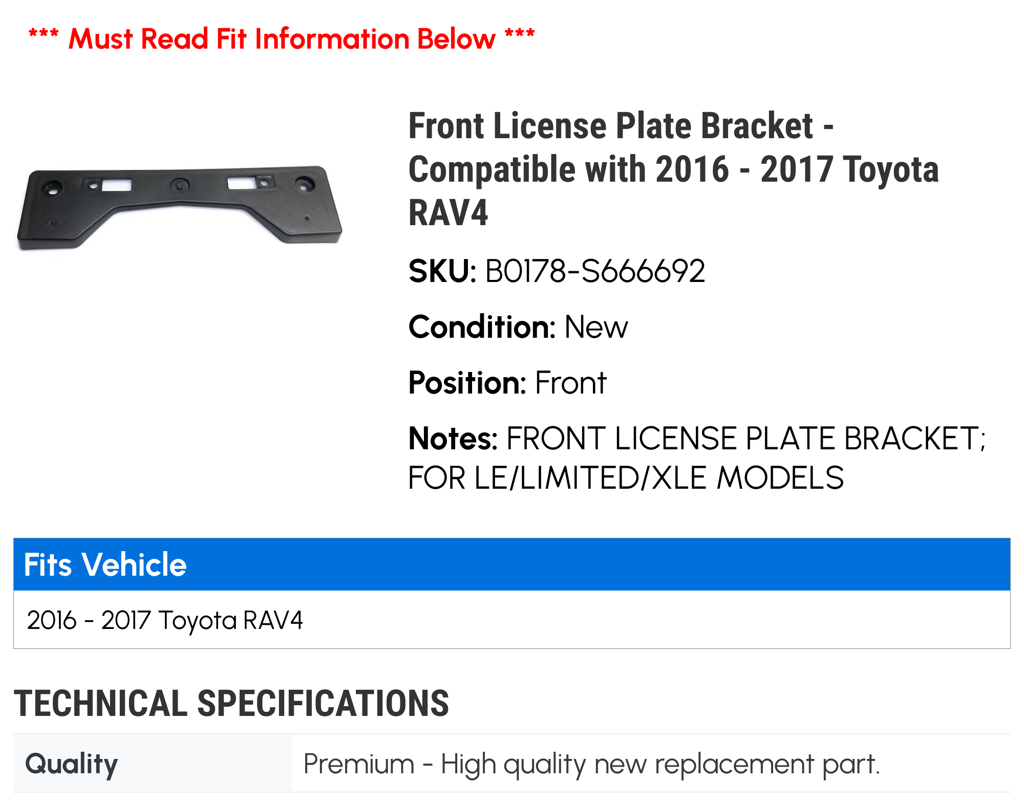 Front License Plate Bracket - Compatible with 2016 - 2017 Toyota RAV4