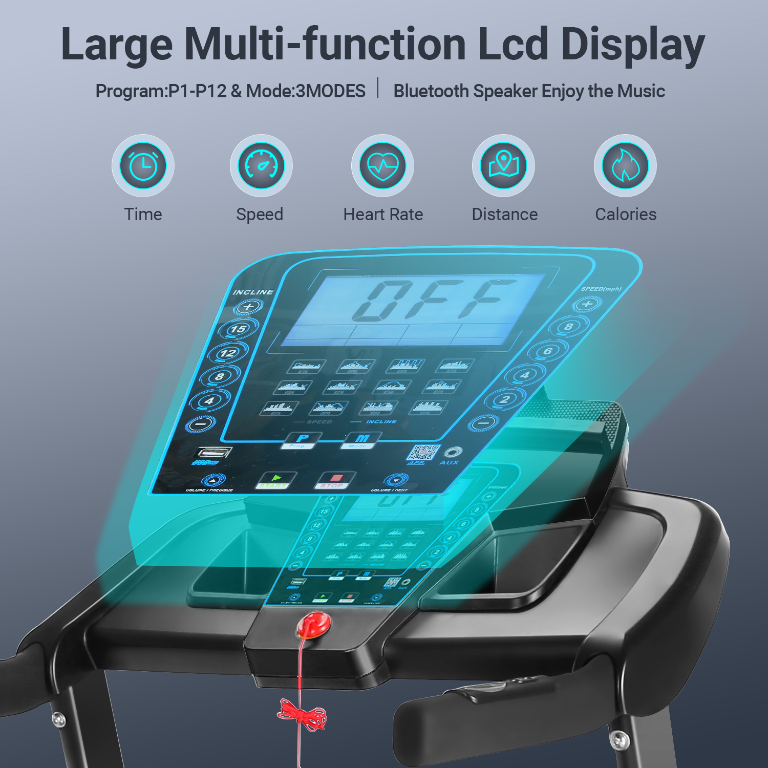 Treadmill 300 lb Capacity,3.25HP Folding Treadmill with 15 Level Auto Incline Electric Smart Running Machine with Bluetooth Speaker,LCD Display, Ultra-Quiet & Wide running belt easy installation