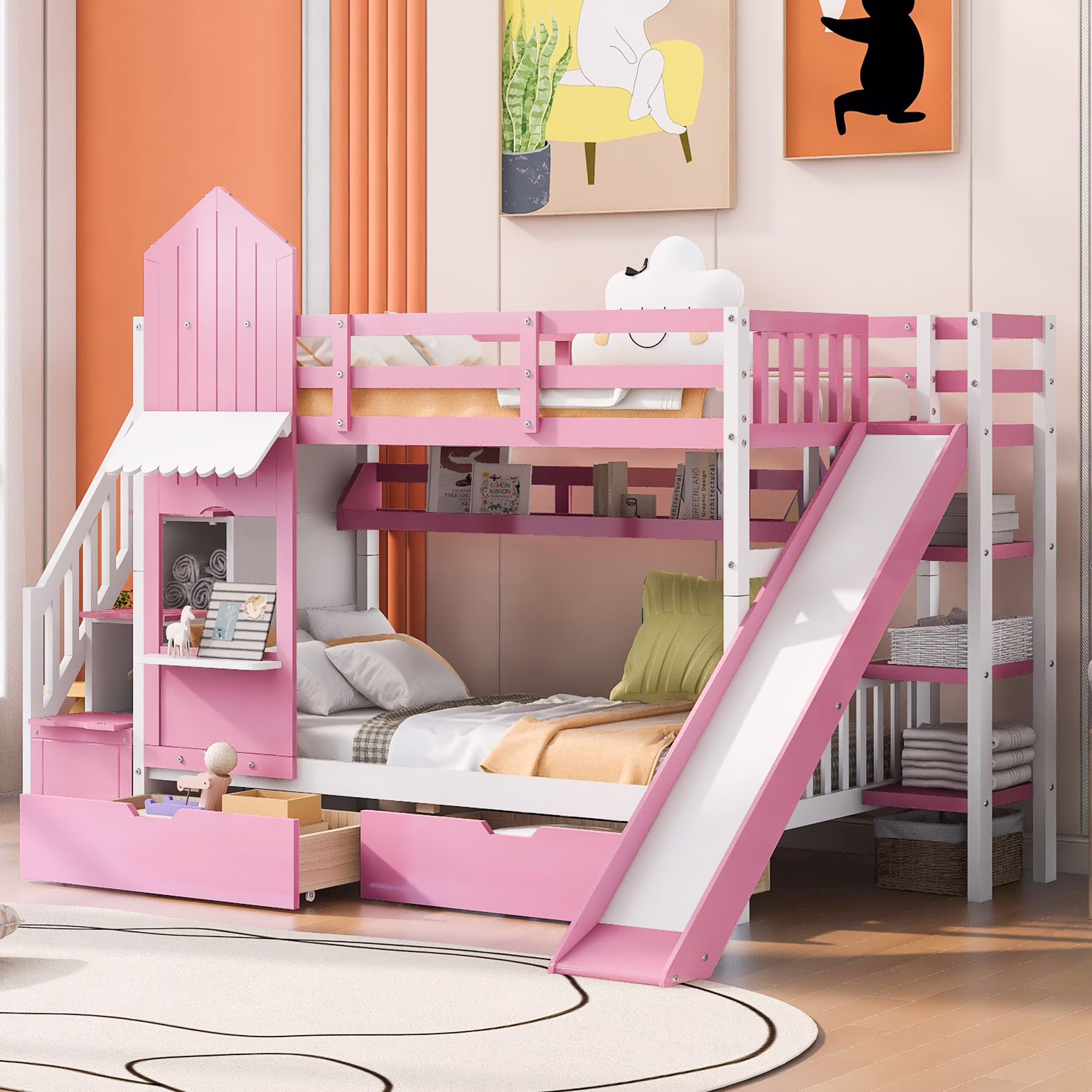 Twin-Over-Twin Bunk Bed with Storage Stairs for Boys/Girls/Teens Bedroom, Low Wood Bed Frame with Safety Guardrail, No Box Spring Needed with 2 Drawers 3 Shelves and Slide