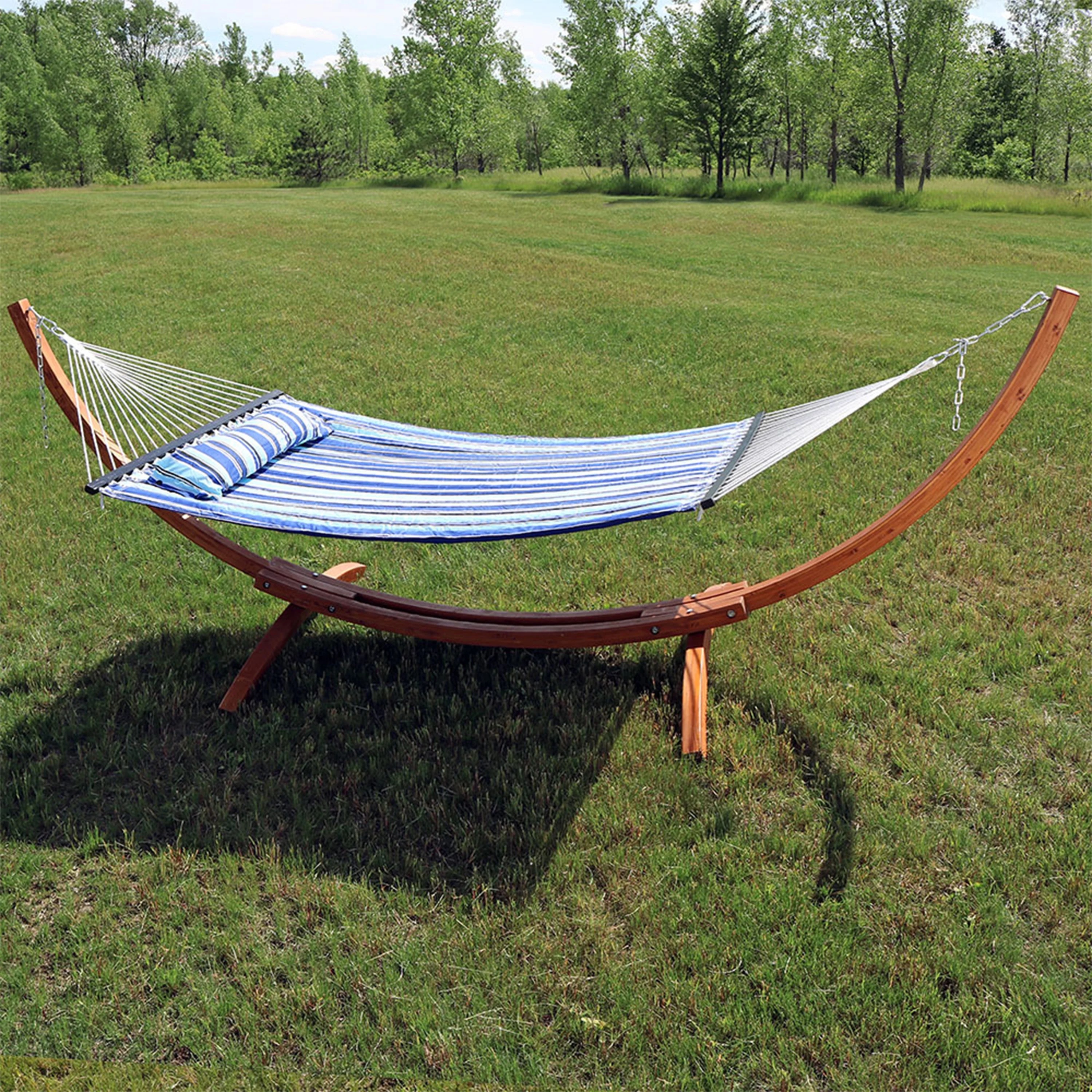 Sunnydaze 2-Person Double Quilted Hammock with Wooden Stand - Catalina Beach - 12'