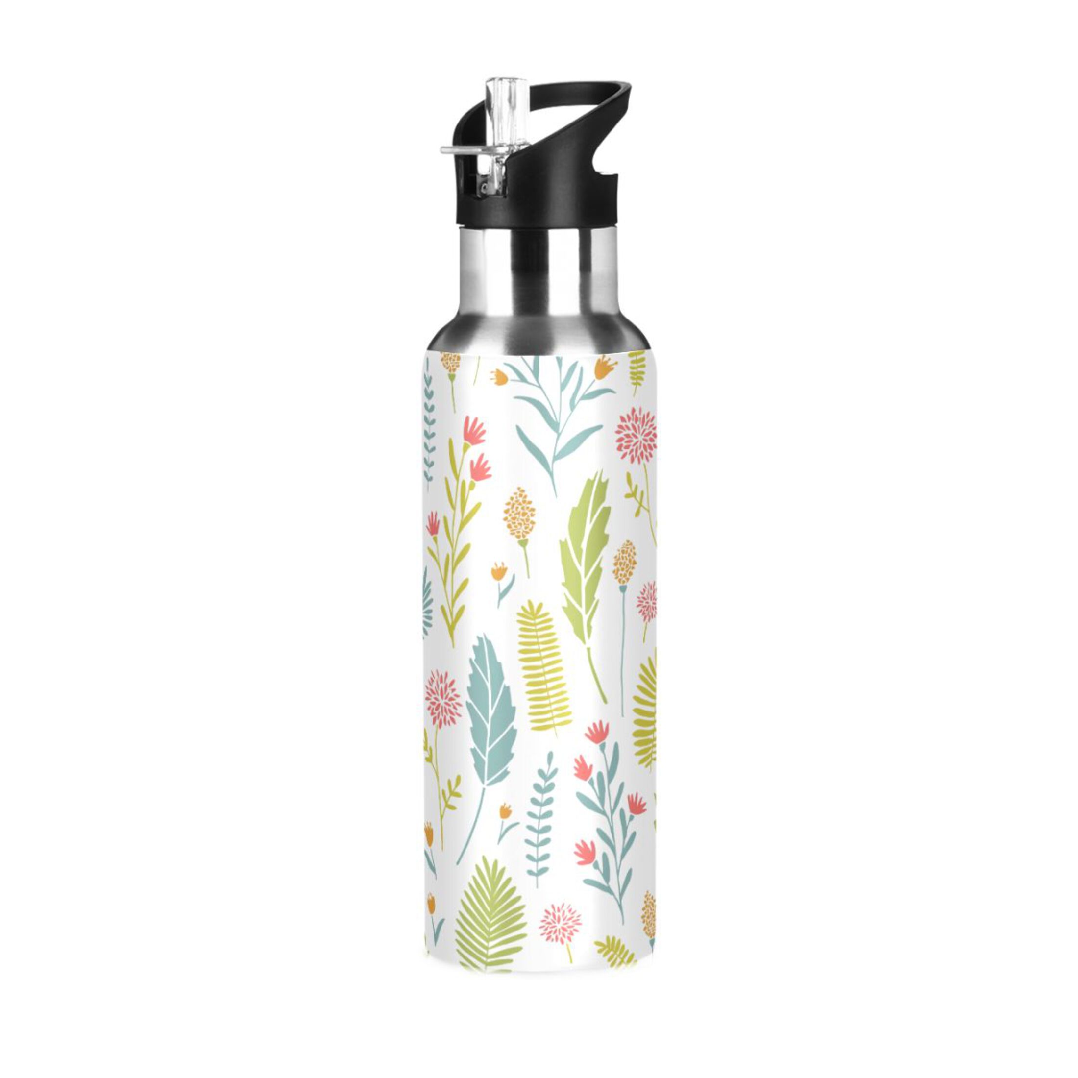 Water Bottle with Straw Lid Leak Leaves with Flowers Stainless Steel Insulated Thermos Vacuum Flask for Cold Hot Drinking for Sports Camping Gym Yoga