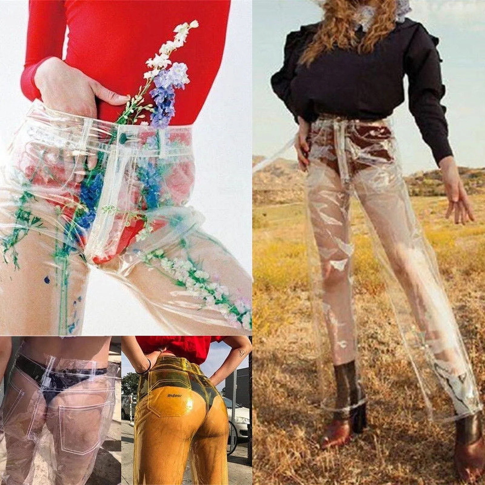 Pinkdeer Women's Transparent Pants High Waist See Though Waterproof PVC Plastic Wide Leg Pants Loose Long Trousers Fashion Streetwear