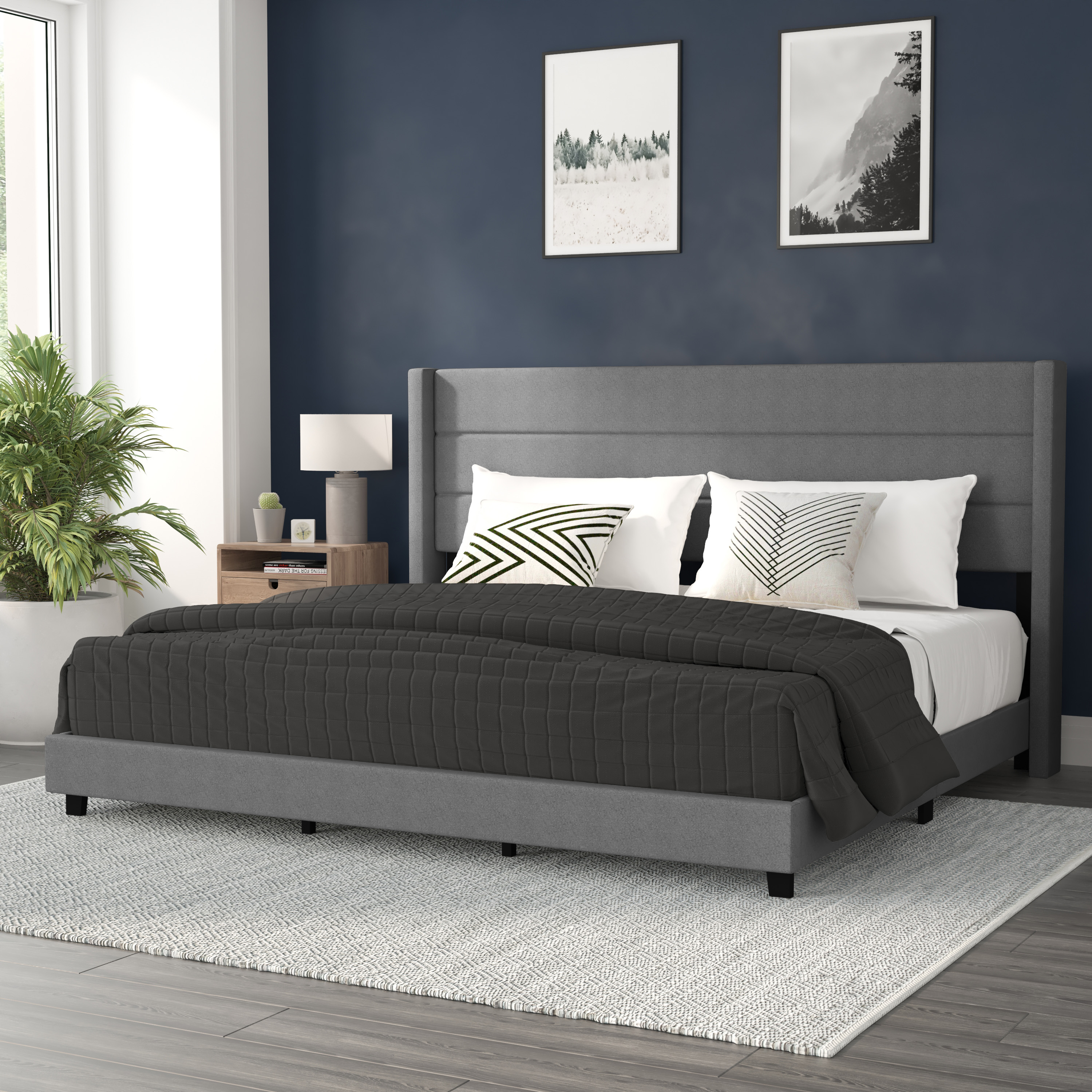 BizChair King Upholstered Platform Bed with Wingback Headboard, Mattress Foundation with Slatted Supports, No Box Spring Needed, Gray Faux Linen