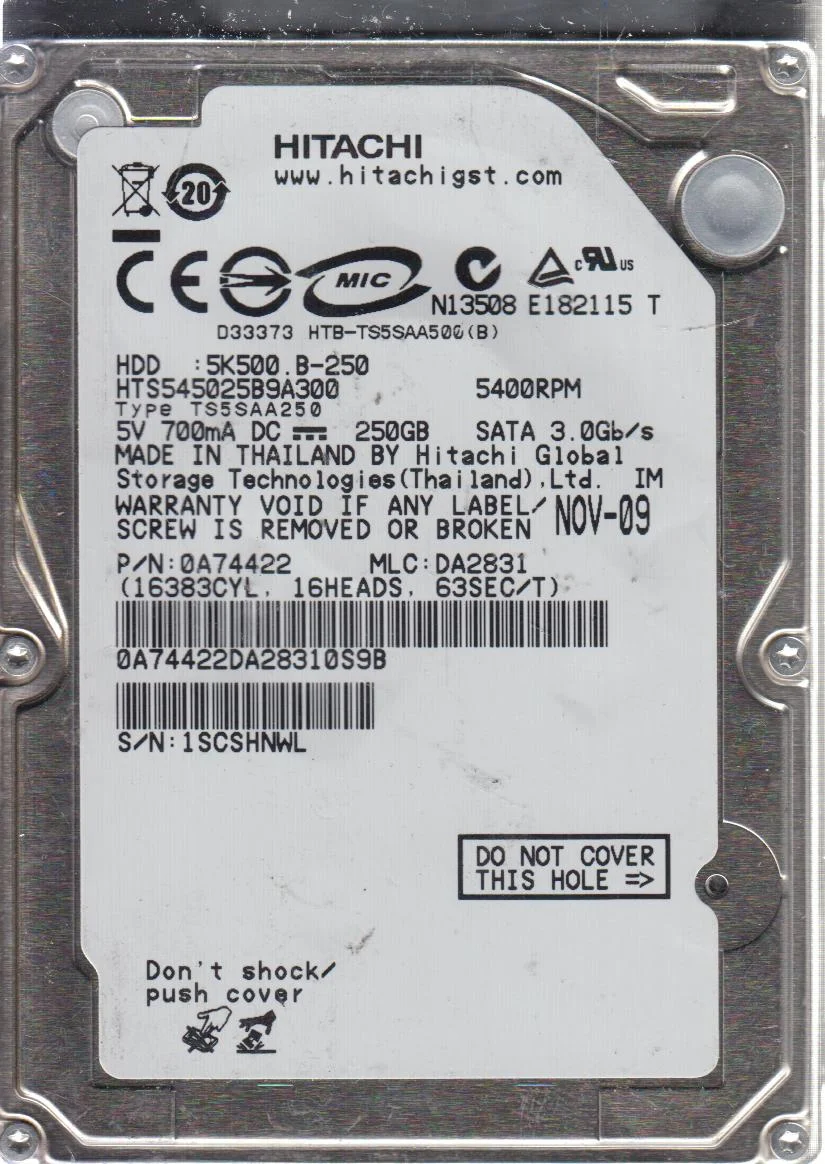 HTS545025B9A300, PN 0A74422, MLC DA2831, Hitachi 250GB SATA 2.5 Hard Drive