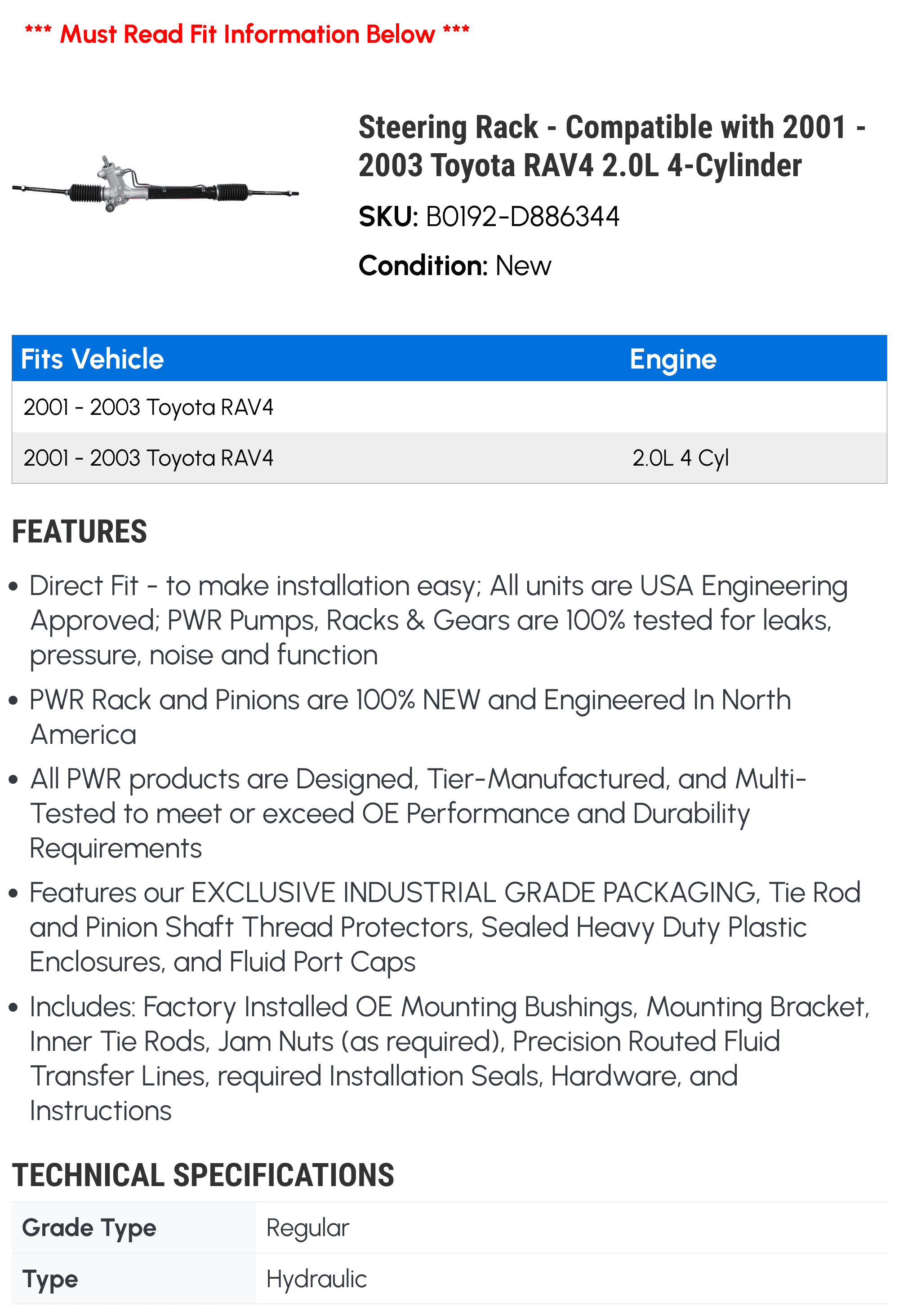 Steering Rack - Compatible with 2001 - 2003 Toyota RAV4 2.0L 4-Cylinder 2002