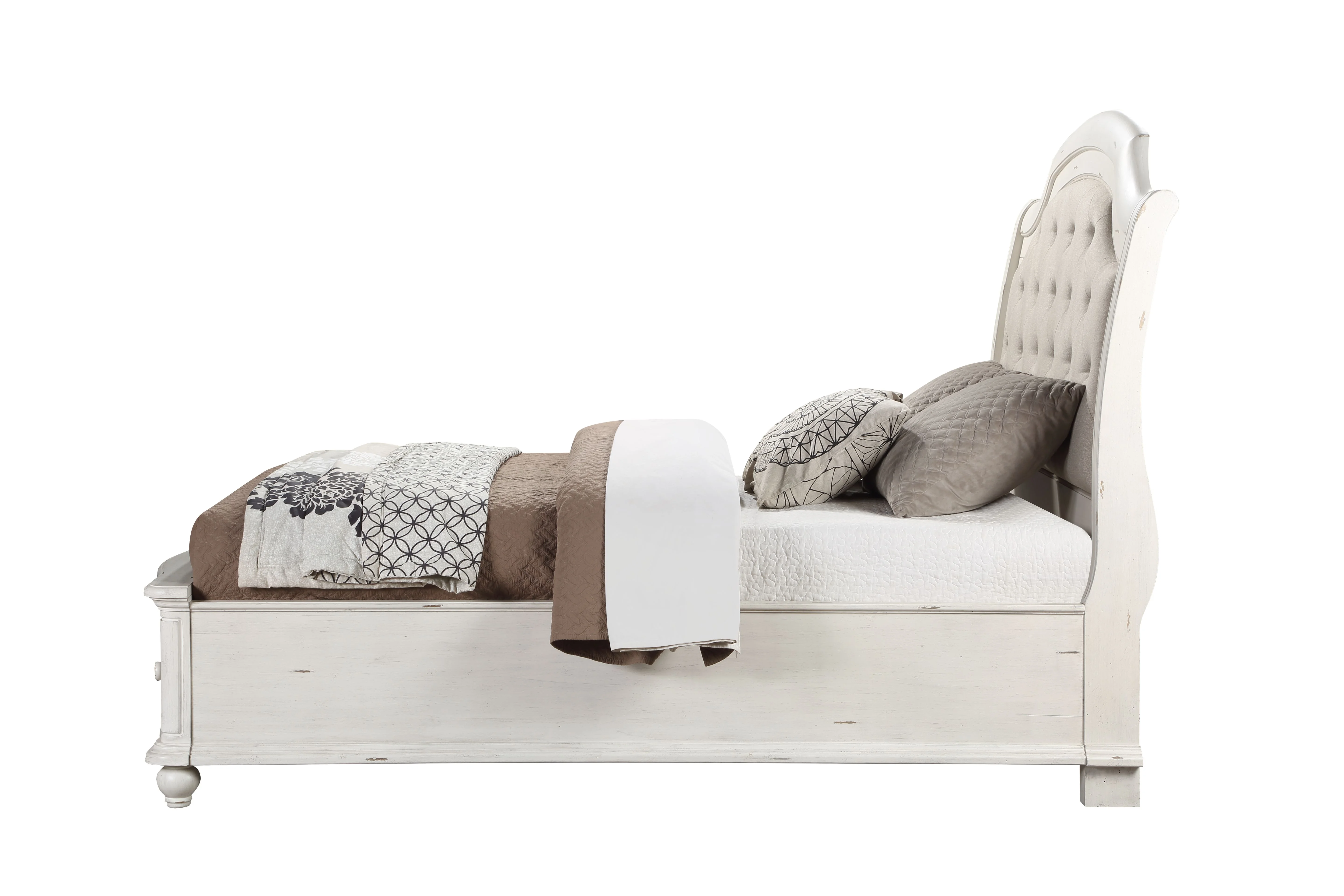 Acme Furniture Jaqueline Eastern King Bed in Light Gray Linen & Antique White Finish