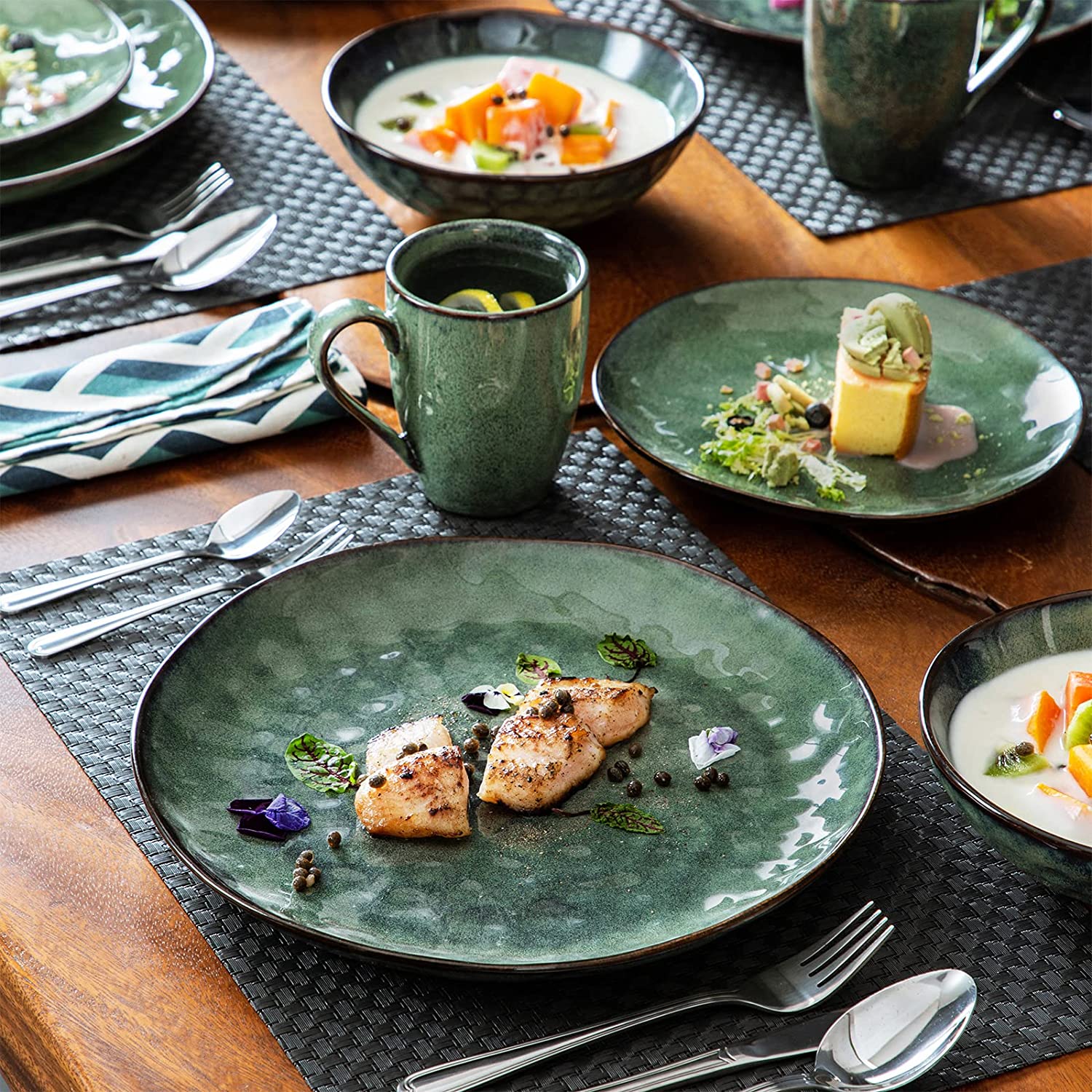 12 Pieces Blue-Green Dinnerware Set, Reactive Change Glaze Dinner Set, Plates and Bowls Set
