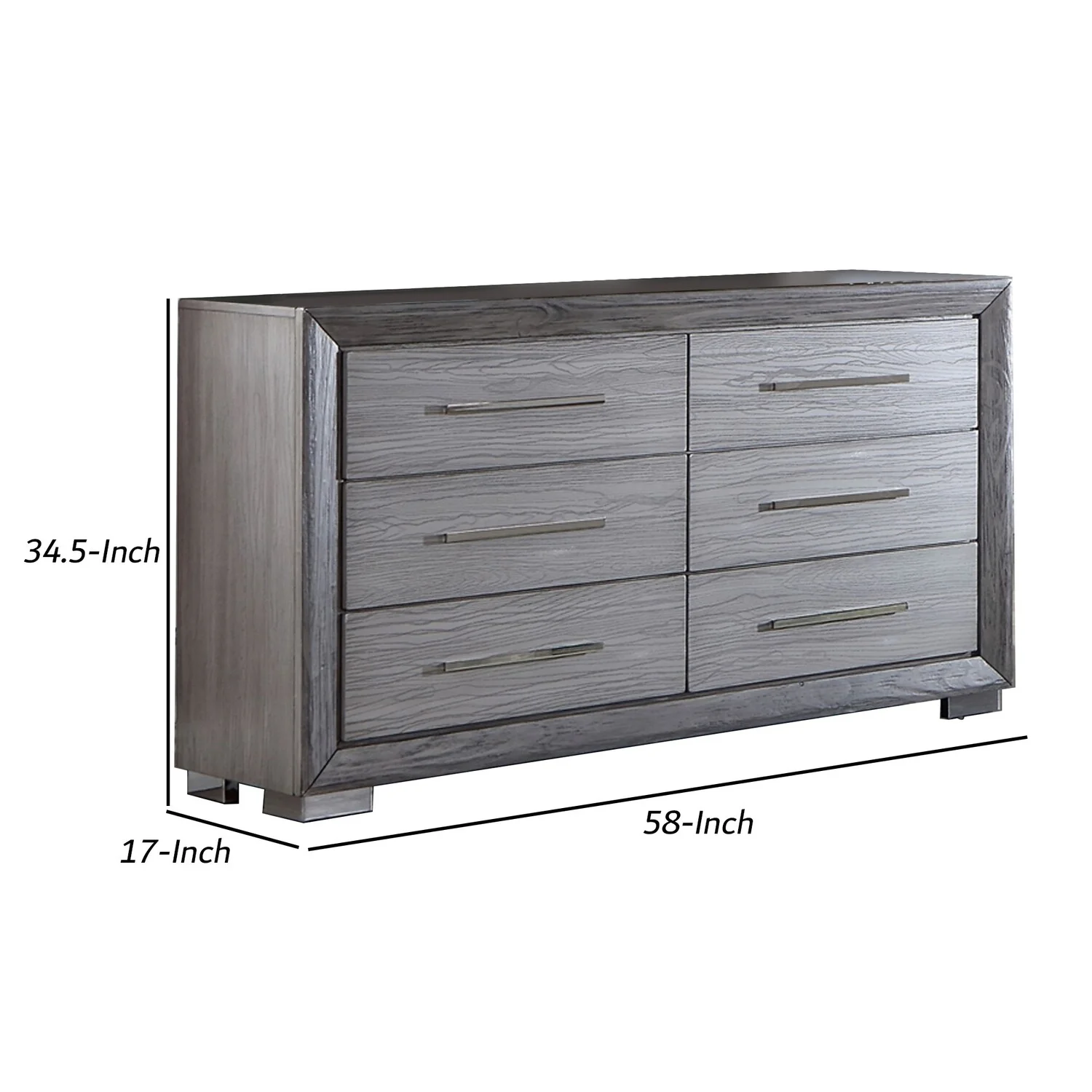 Benjara  58 in. Reno Dresser with 6 Drawers, Gray