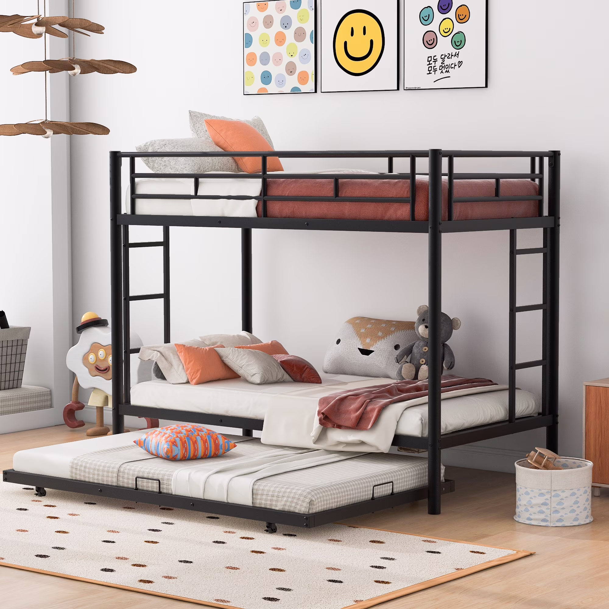 GUTALOR Twin over Twin Bunk Bed with Trundle - Black
