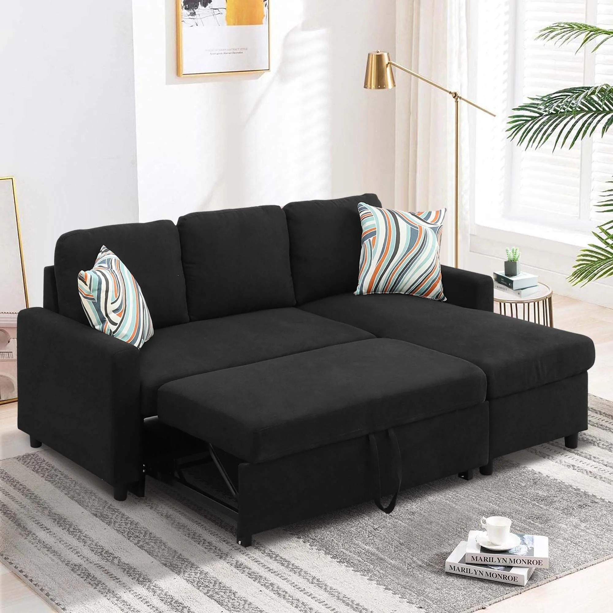 Momspeace Sofa Bed, 2 in 1 Sofa Sleeper with Storage Chaise-Pull Out Couch Bed for Living Room - Black
