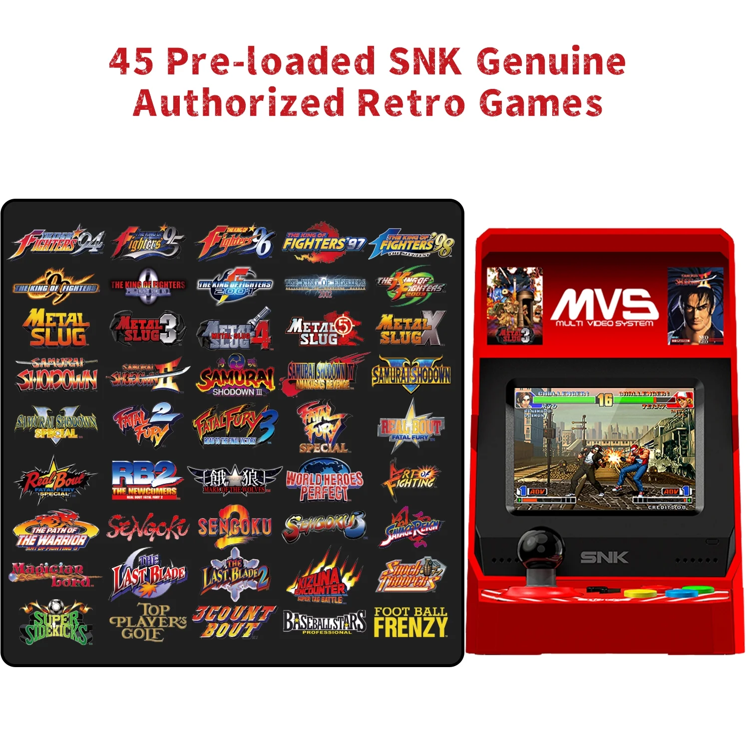 UNICO MVS Mini Home Arcade: 45 SNK Classic NEOGEO Games, including King of Fighters, Metal Slug,  Gift for Teens and Adults