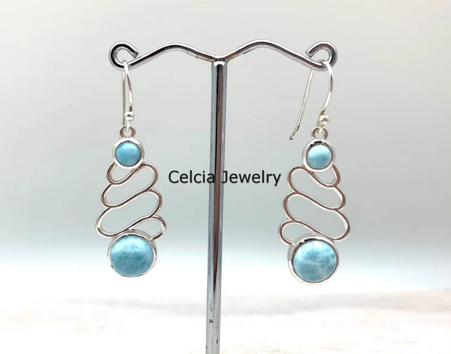 Solid 925 Sterling Silver Dangle Teardrop Earrings For Women, Natural Round Blue Larimar Multi Gemstone Unique Handcrafted Earrings