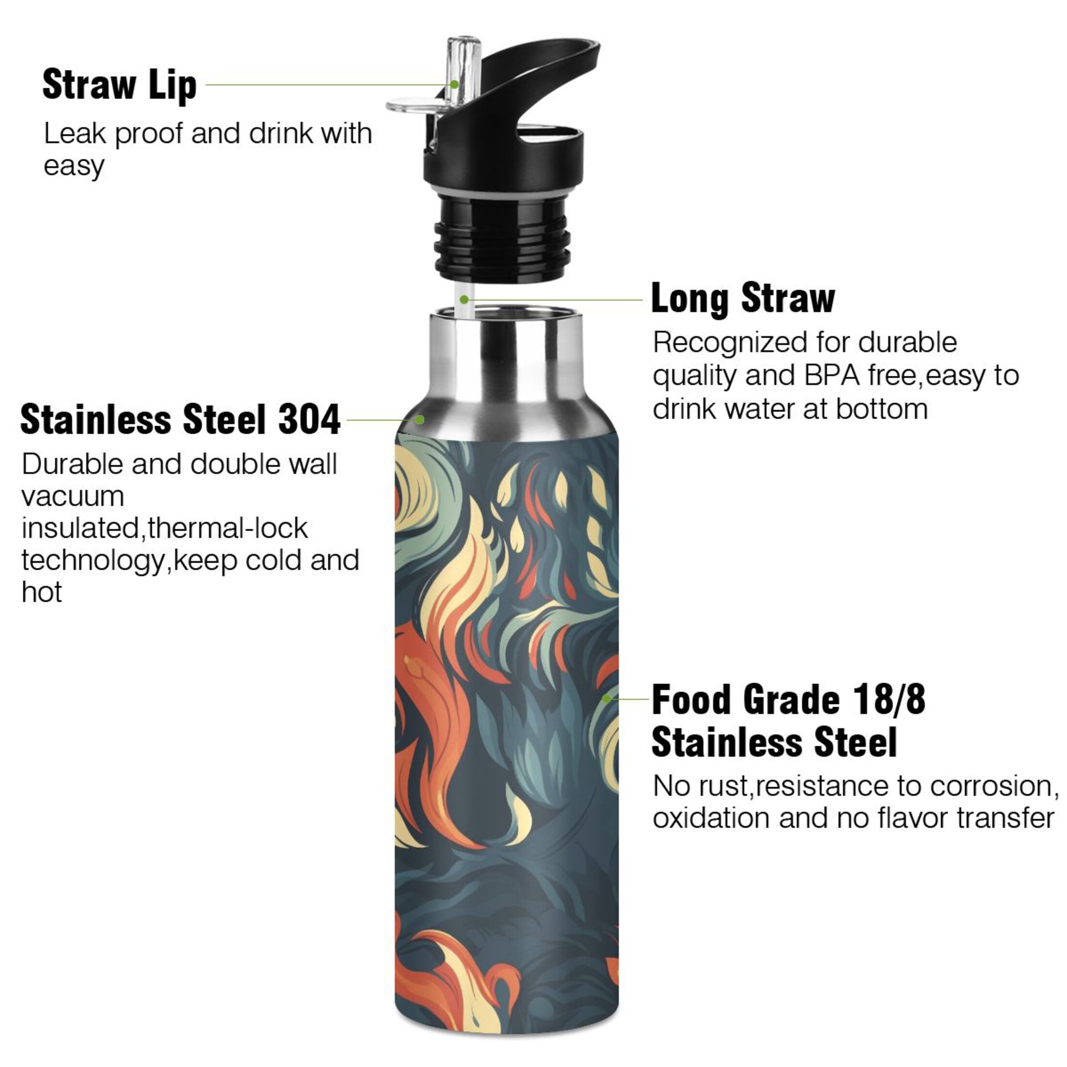 Magic Fox Demon Water Bottles Insulated Thermos Kids Stainless Steel Bottle with Straw Lid Flask Leakproof for Sports Gym 20 oz