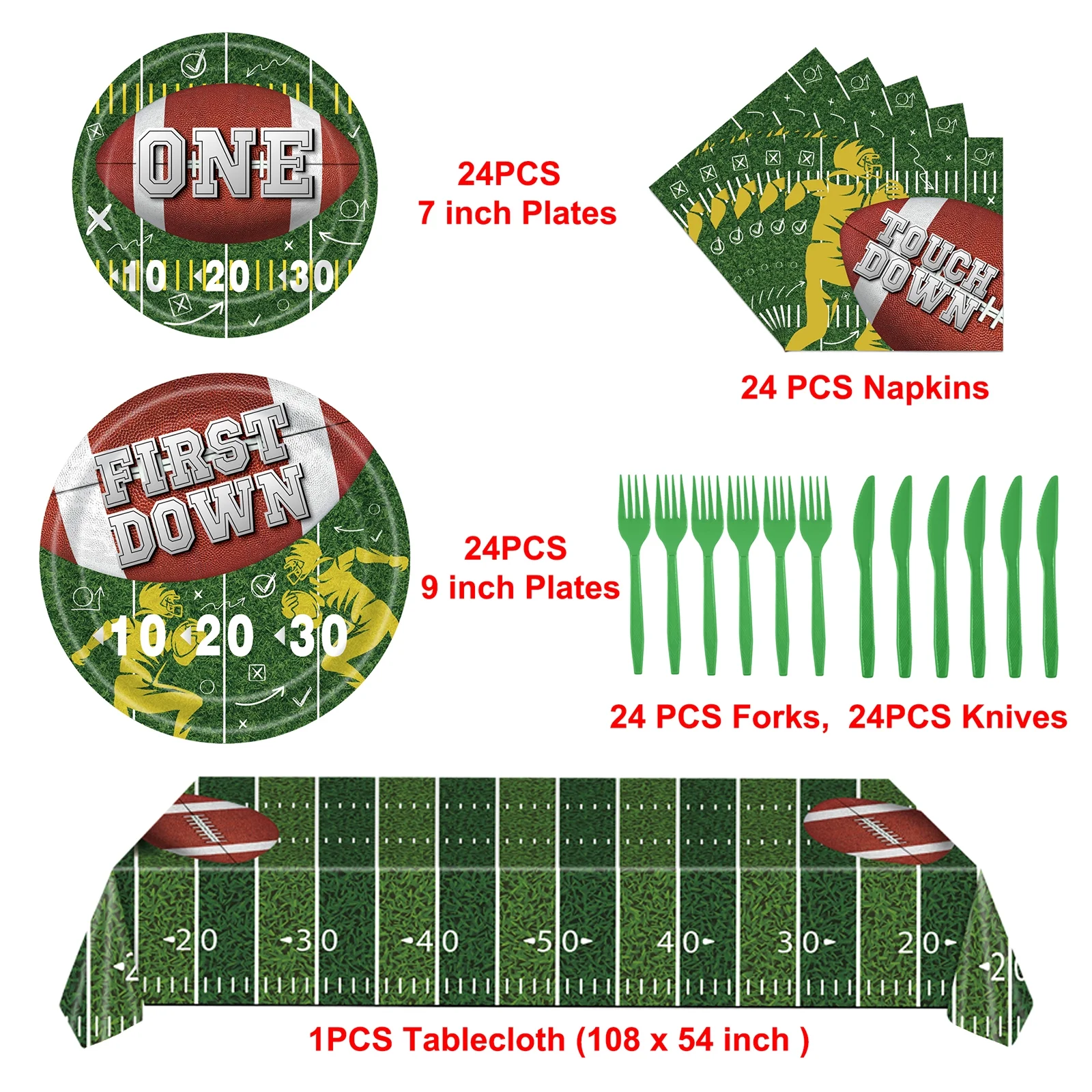 Football Birthday Decorations,Disposable Football Party Tableware Set - Paper Plates,Napkins,Plastic Forks Knives,Super Bowl Football Party Supplies,24 Guests