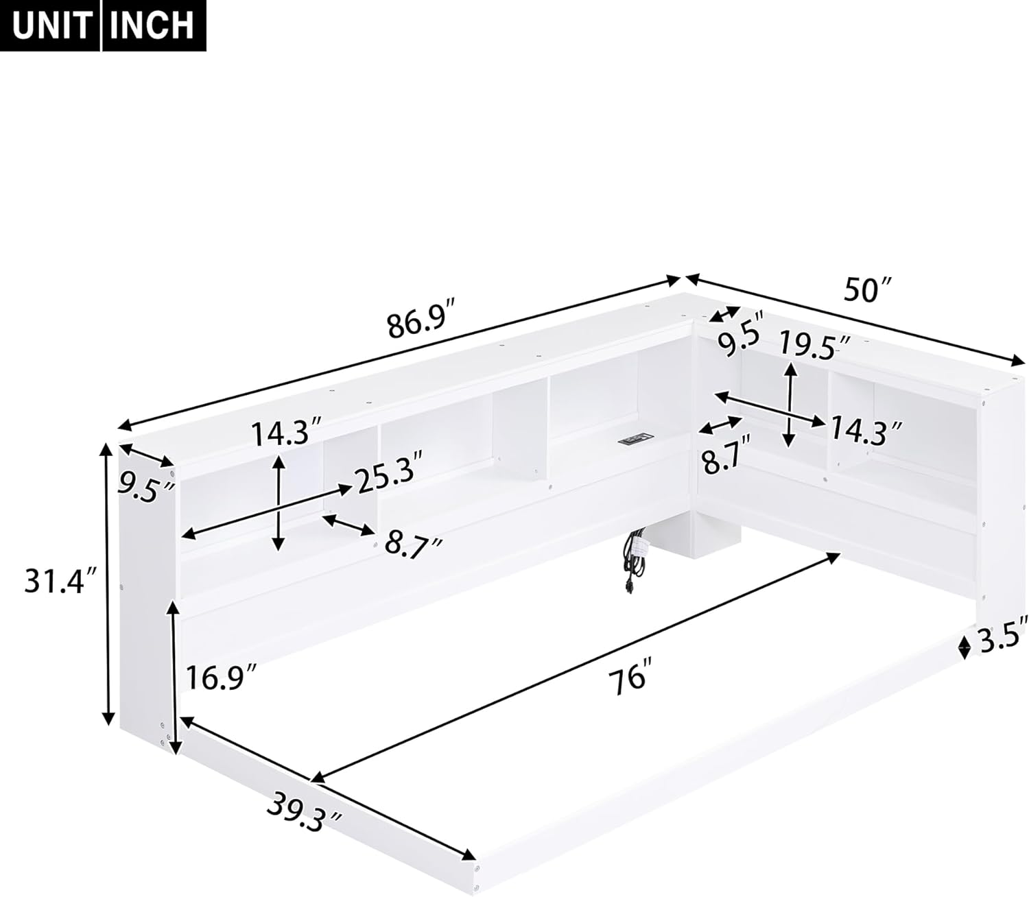 Size Daybed With Bookcase Headboard, L-Shape Daybed With USB Ports, Wood Daybed Frame With Storage Cabinets For Kids Teens Guests, White