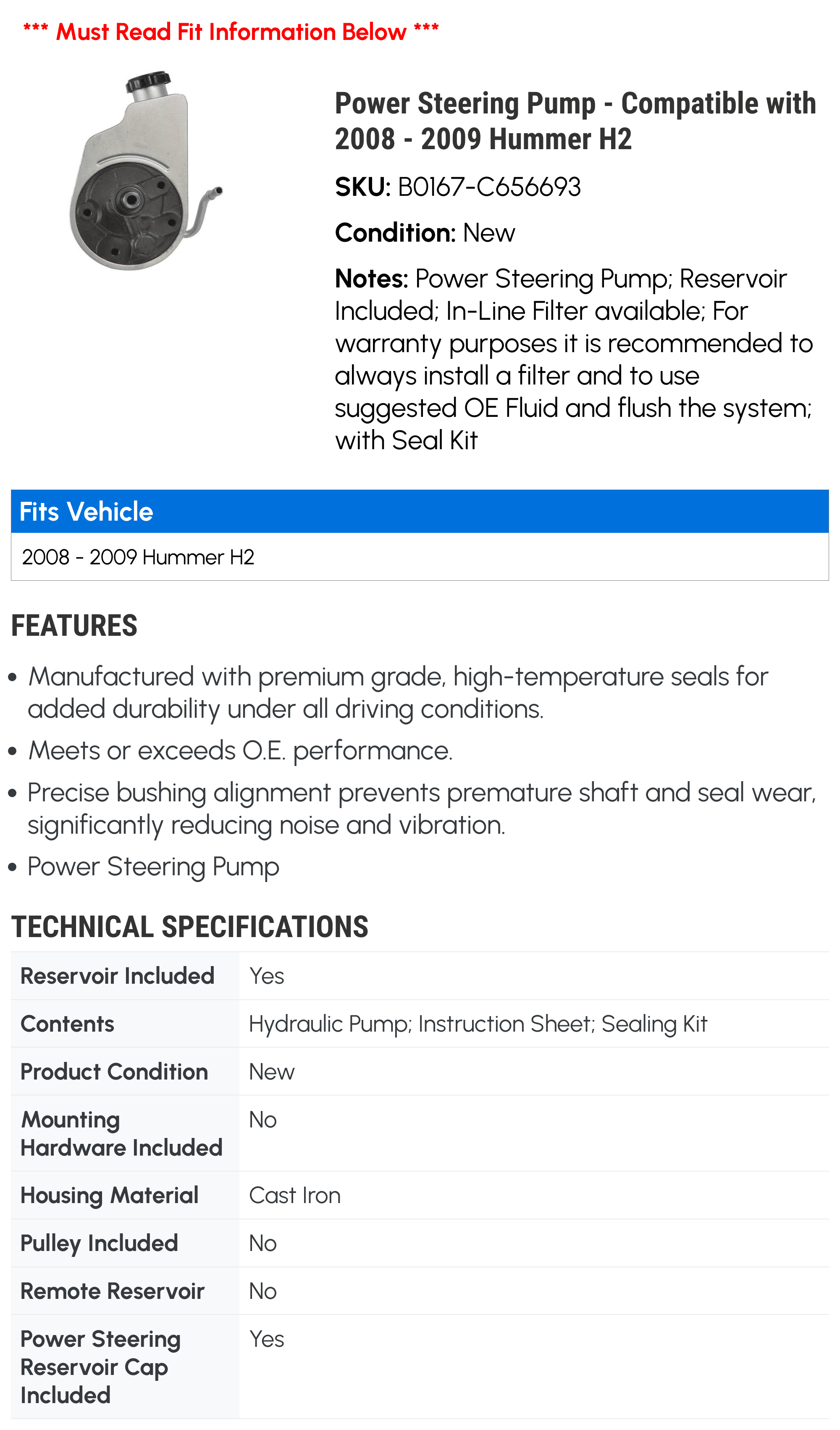 Power Steering Pump - Compatible with 2008 - 2009 Hummer H2