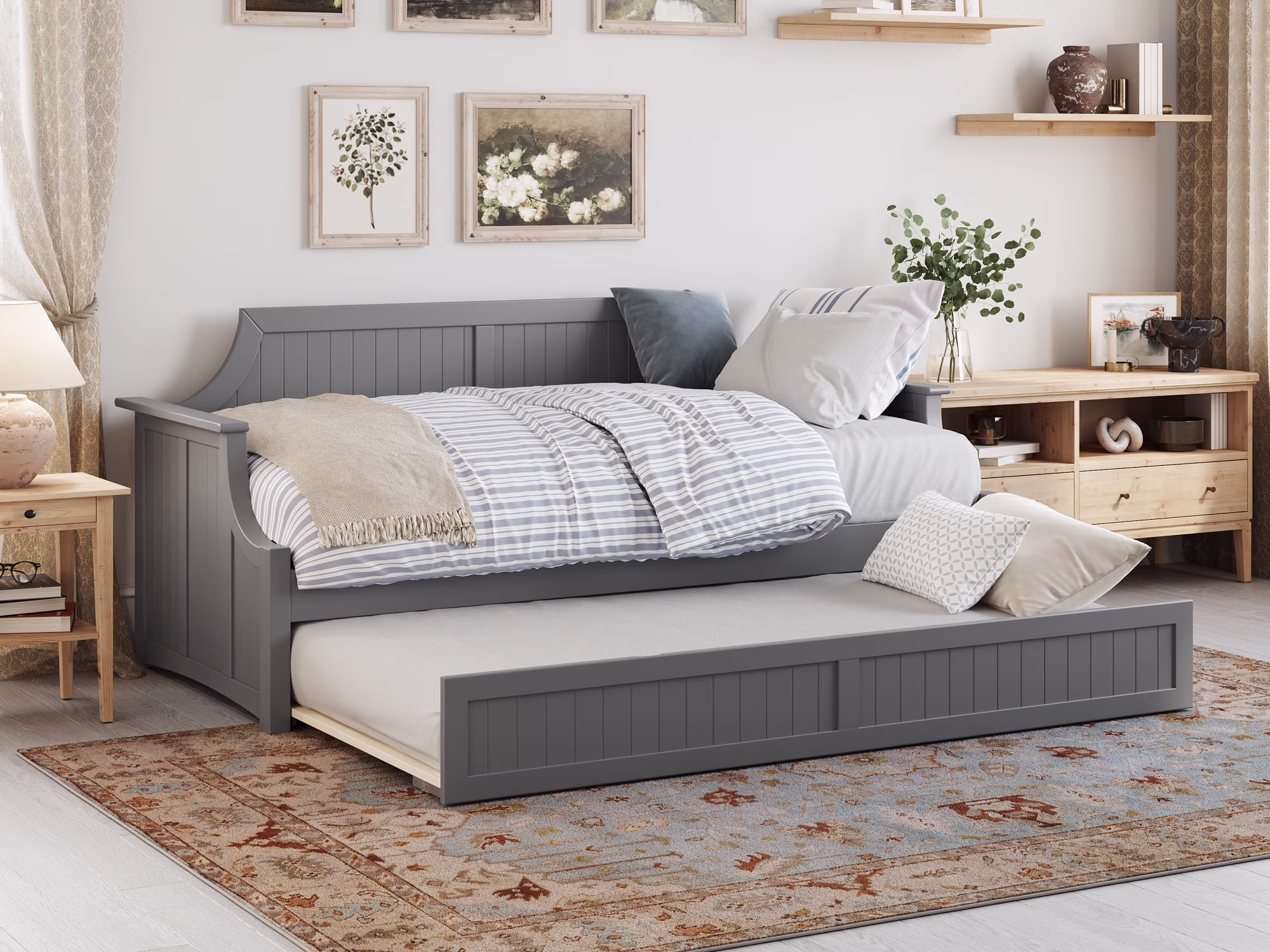 AFI Twin Daybed with Twin Trundle Roll Out Guest Bed in Solid Wood Cambridge Design, Grey
