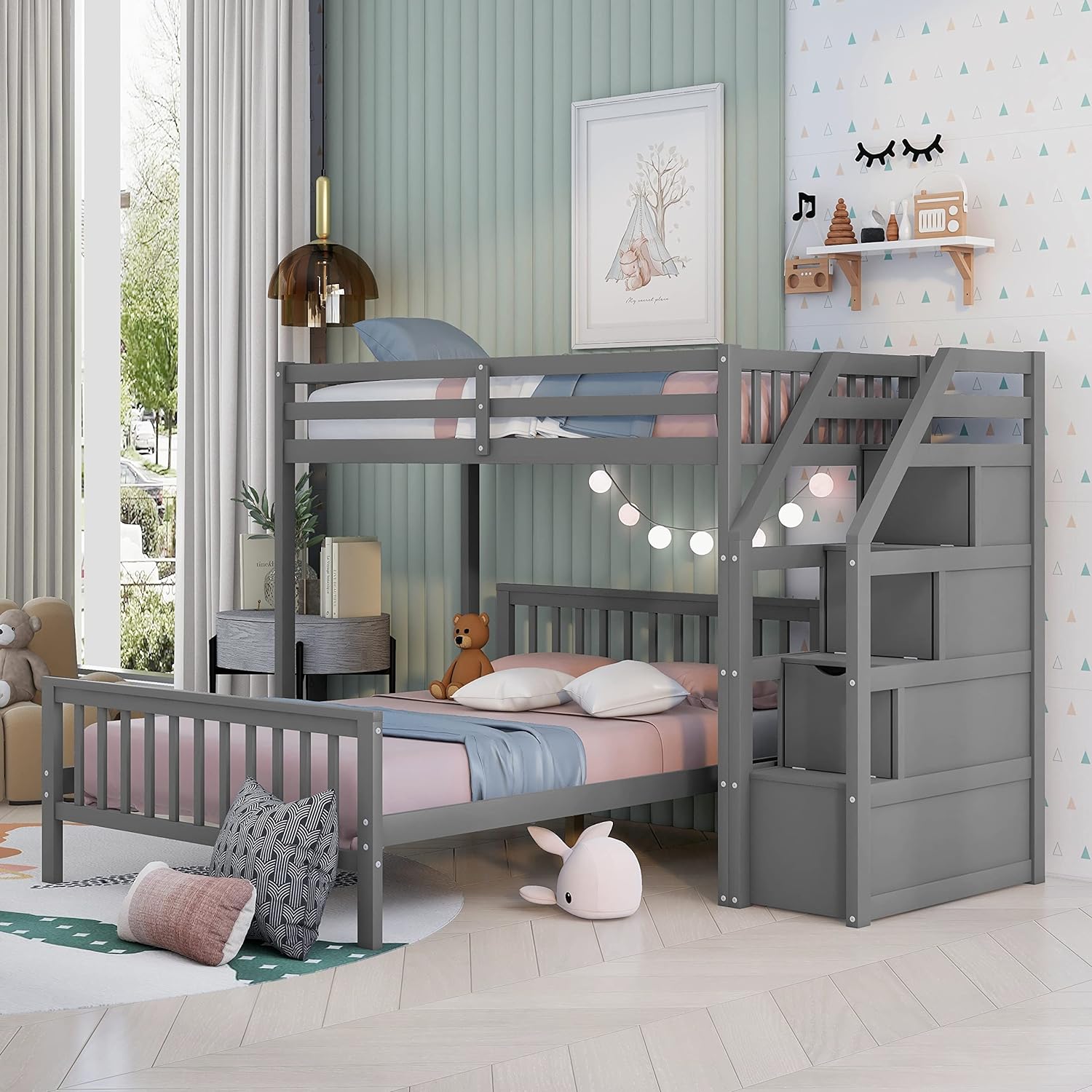 Bunk Beds Over Full With Storage Stairs, Wooden L-Shape Loft Bunk Beds Can Removable Bottom Bed, No Box Spring Needed (Grey)