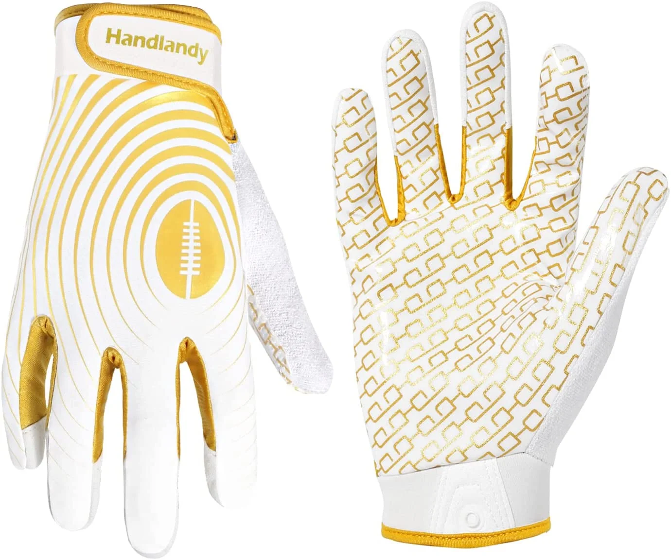 HANDLANDY Youth Football Gloves, Sticky Wide Receiver Gloves for Kids & Adult, White and Gold Stretch Fit Football Gloves, Large