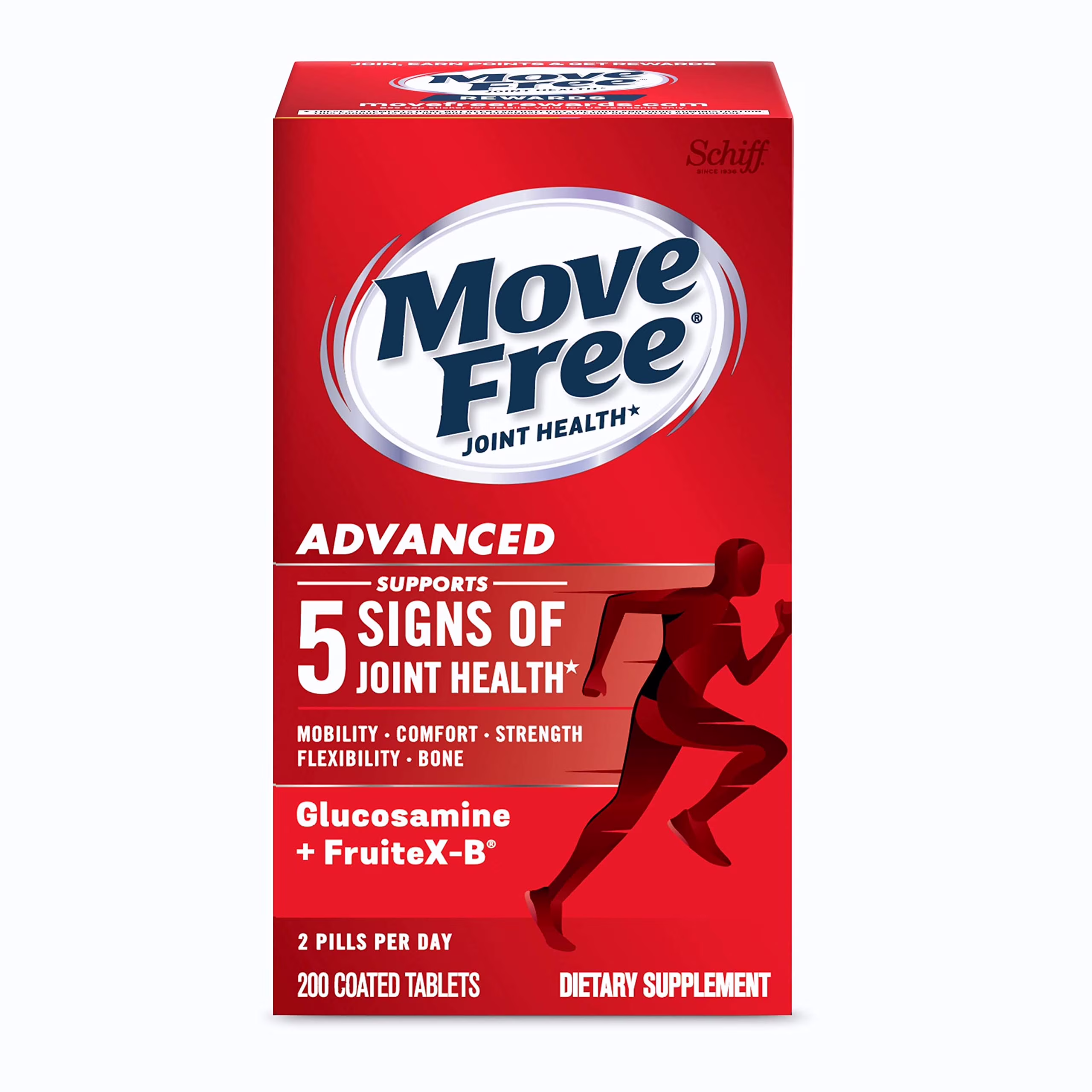 Move Free Advanced Glucosamine Chondroitin + Calcium Fructoborate Joint Support Supplement, Supports Mobility Comfort Strength Flexibility & Bone - 200 Tablets (100 servings)*