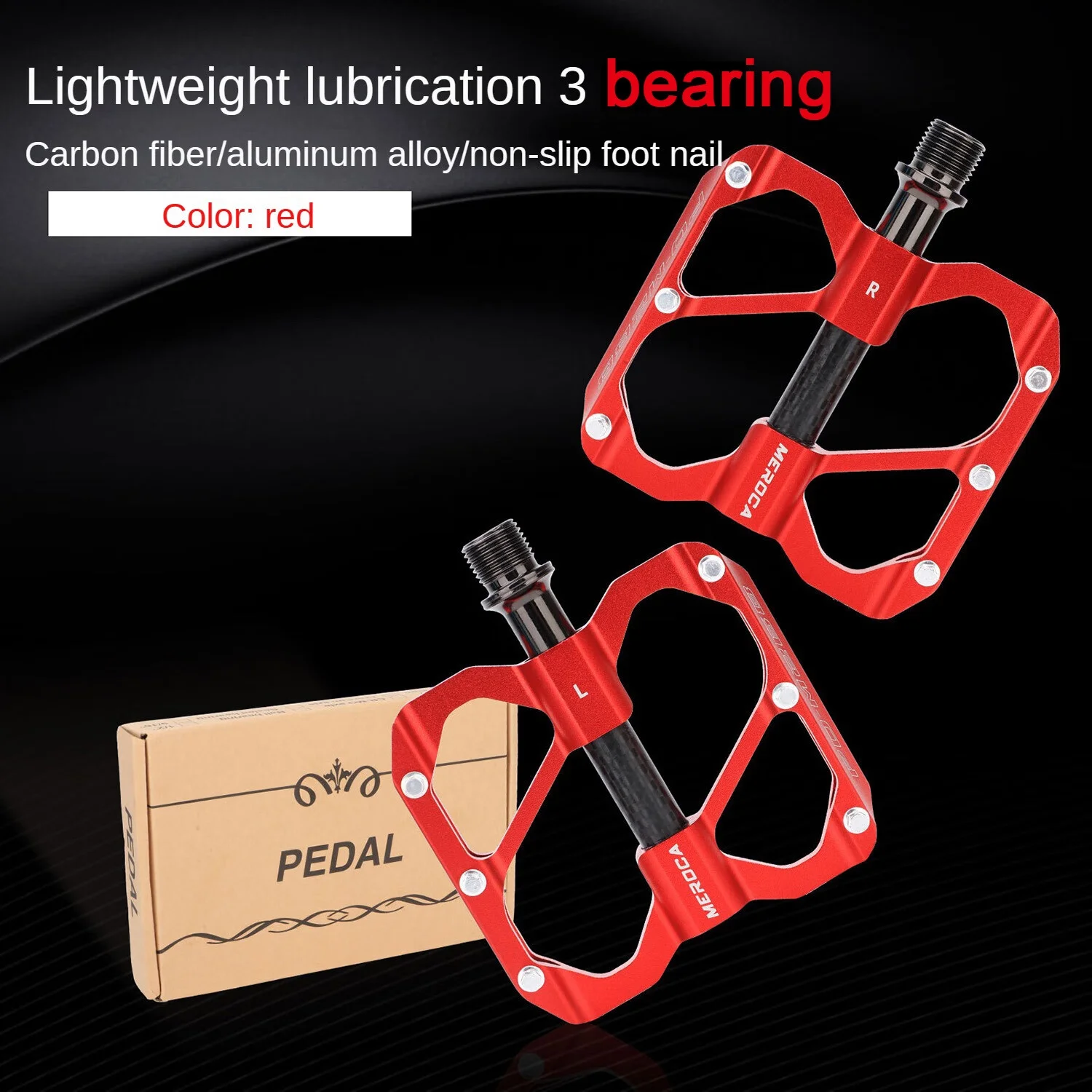 MEROCA Mountain Bike 3 Bearing Carbon Tube Pedals, Load Pedals, Wider Pedals, Mountain Bike Pedals with Cleat Pins, Bike Accessories - 14mm Universal Version (Red)