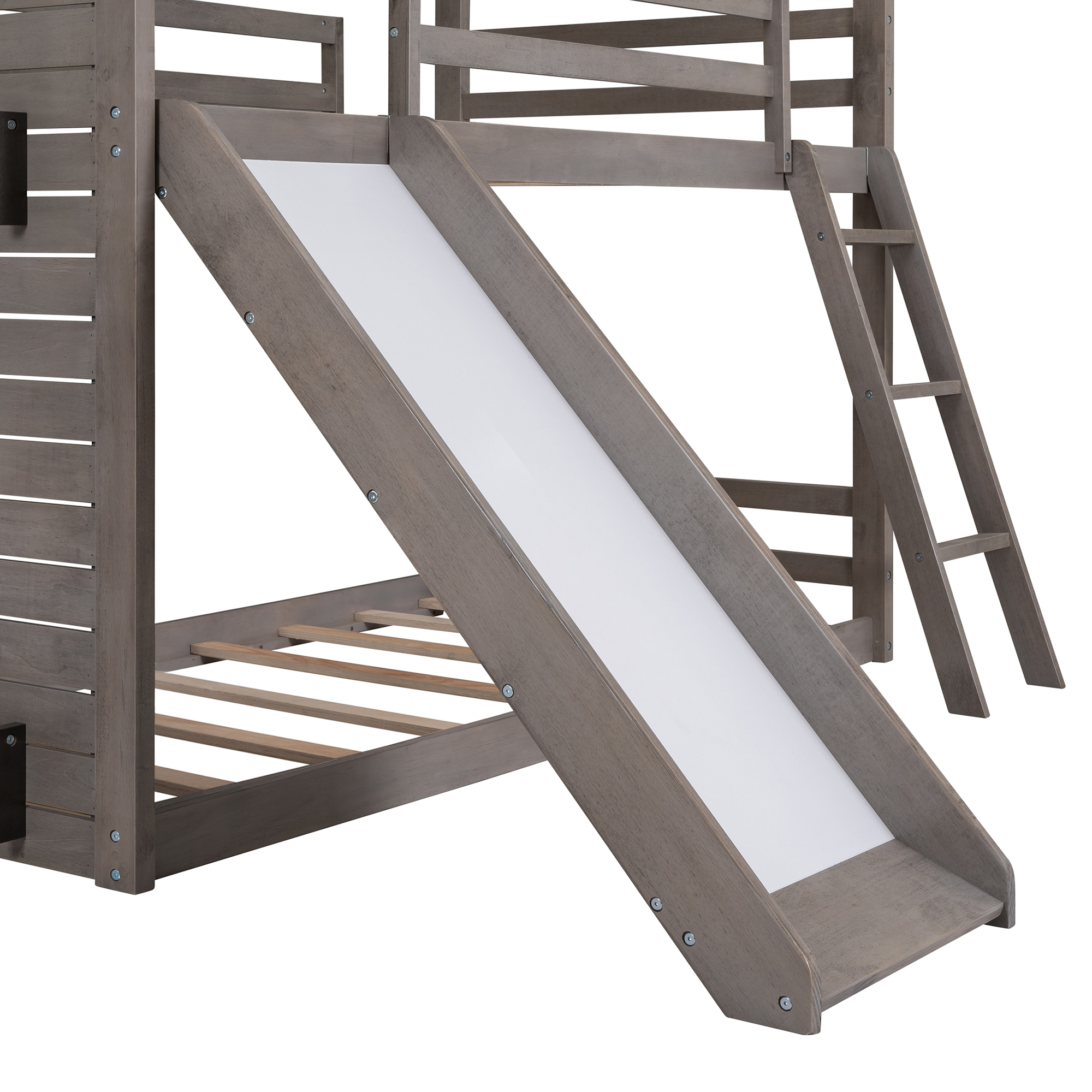 CoSoTower Twin Over Twin Bunk Bed Wood Bed With Roof, Window, Slide, Ladder, Antique Gray