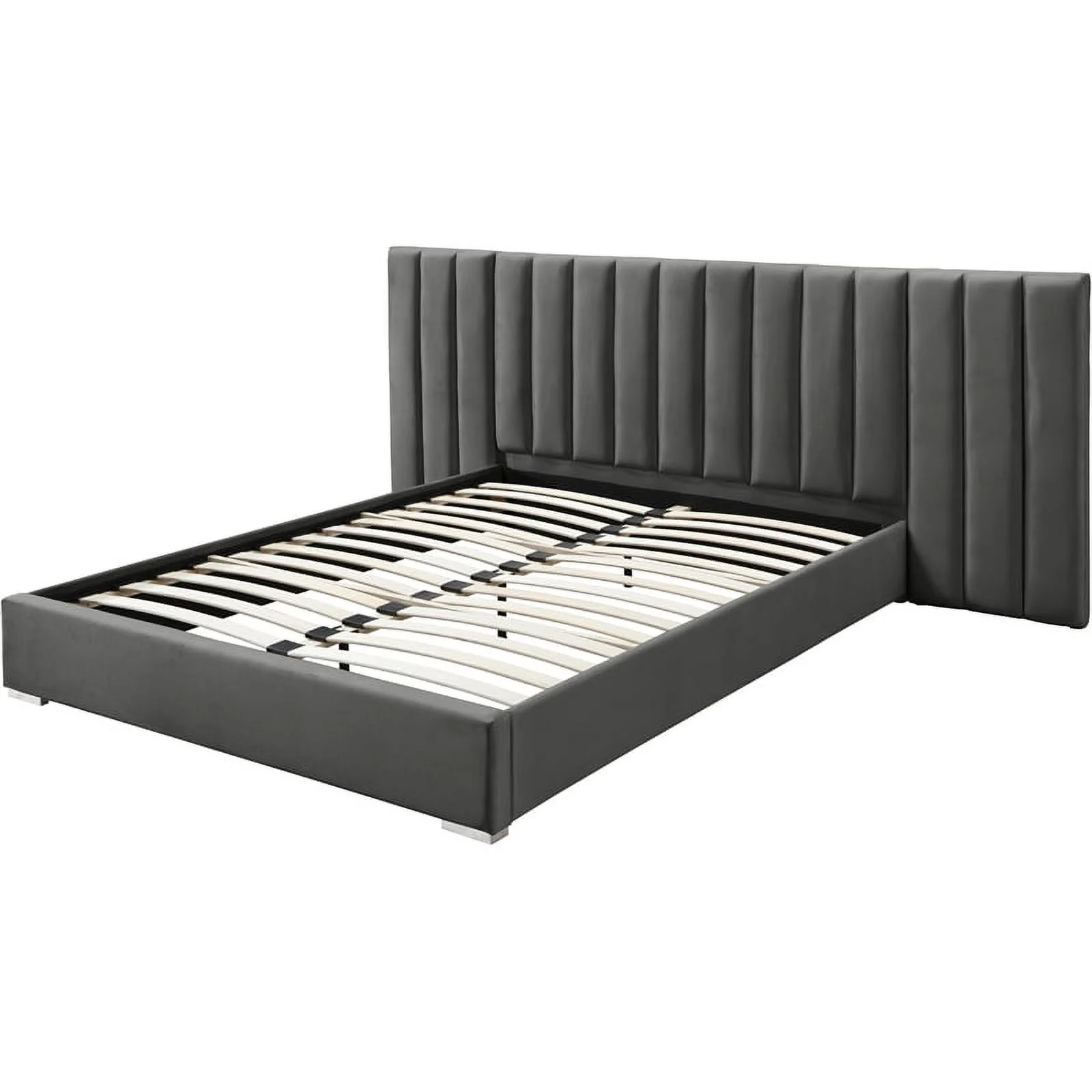 Maklaine Contemporary Gray Velvet Queen Bed with Chrome Metal Legs