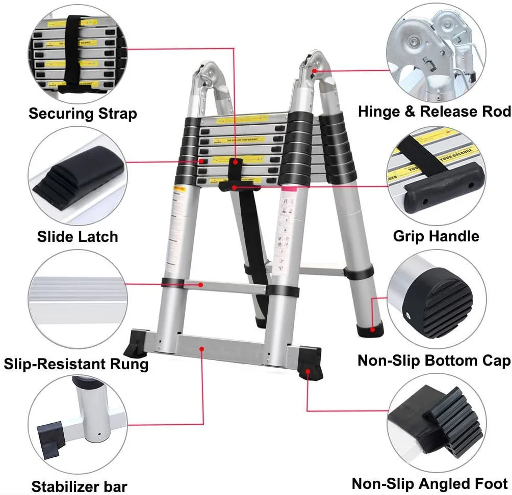 Dayplus Heavy Duty 5M Multi Purpose Folding Telescopic Ladder Aluminum A-Frame Extension