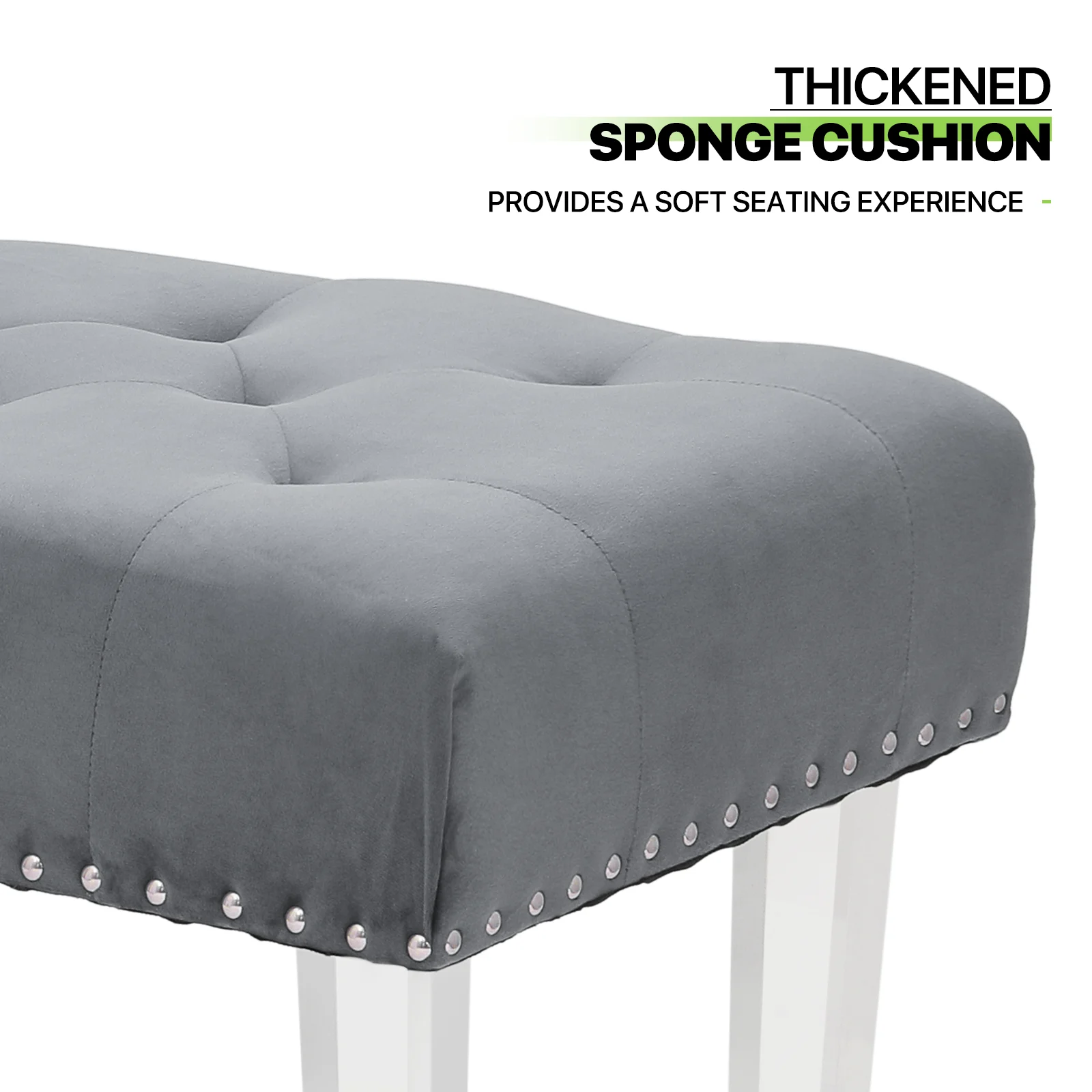 Magshion Tufted Velvet Ottoman, Entryway Wooden Stand Upholstered Seat Shoe Stool, Bedroom End of Bed Bench, Home Microfiber Fabric Footstool, Grey