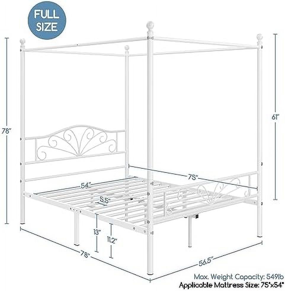 xrboomlife Full Graceful Metal Canopy Platform Bed Frame with Four Poster Design Arched Headboard Sturdy Metal Flats Support Underbed  Space Ball Finals White